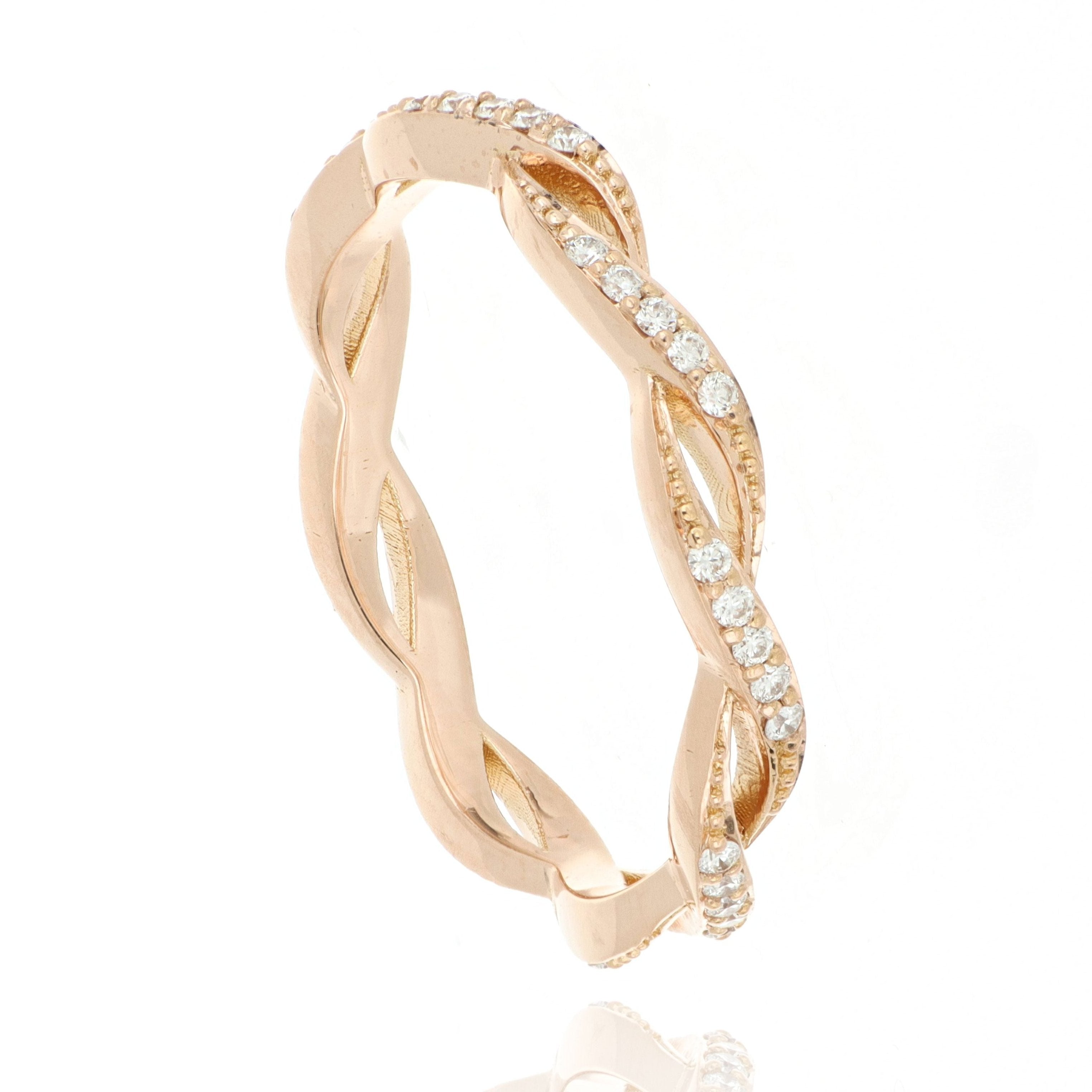 18k Rose Gold Dainty Weave Diamond Eternity Wedding Band