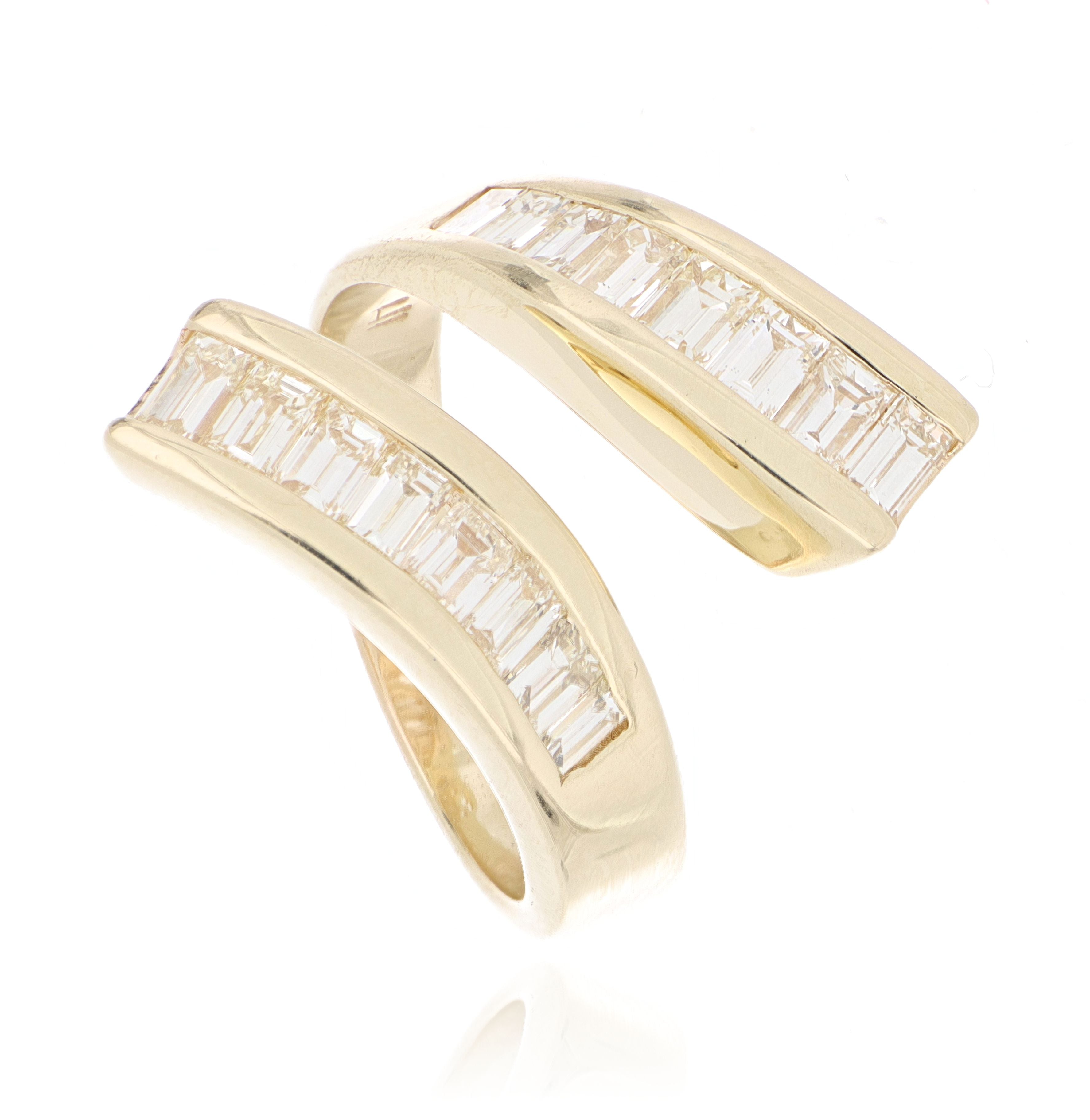 14k Yellow Gold Open End Baguette shaped Diamond Ring