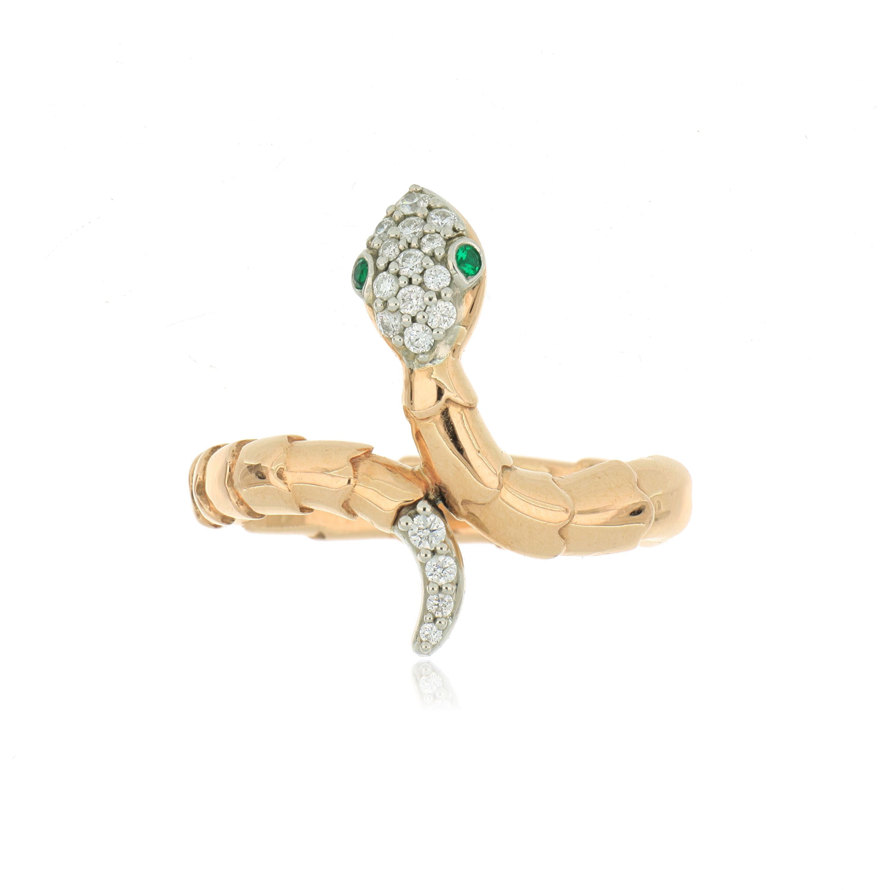 18k Rose Gold Diamond and Emerald Accented Snake Ring