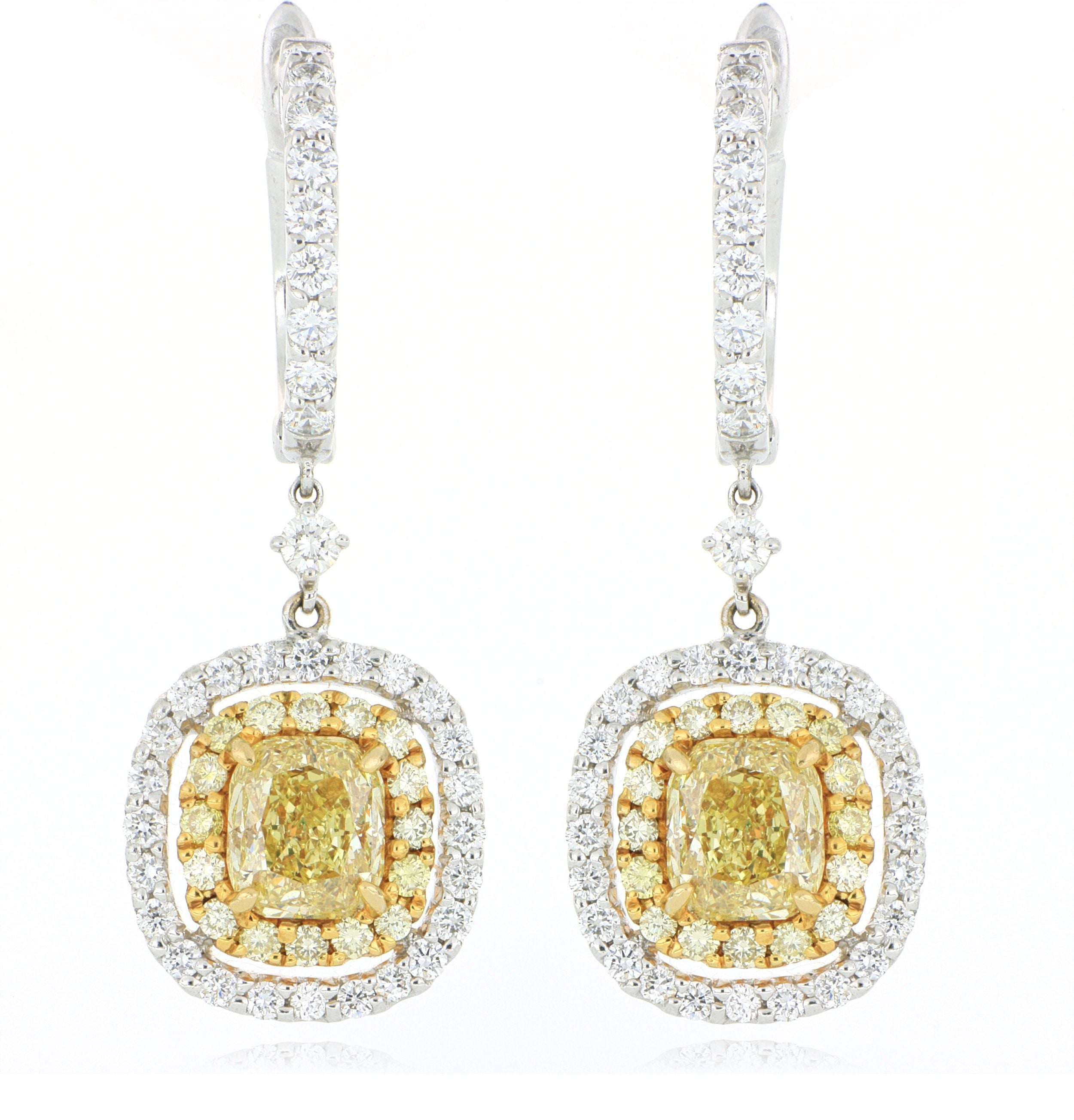 18k Yellow Gold Cushion Shaped Fancy Yellow Diamond Halo Earrings - Charles Koll Jewelers