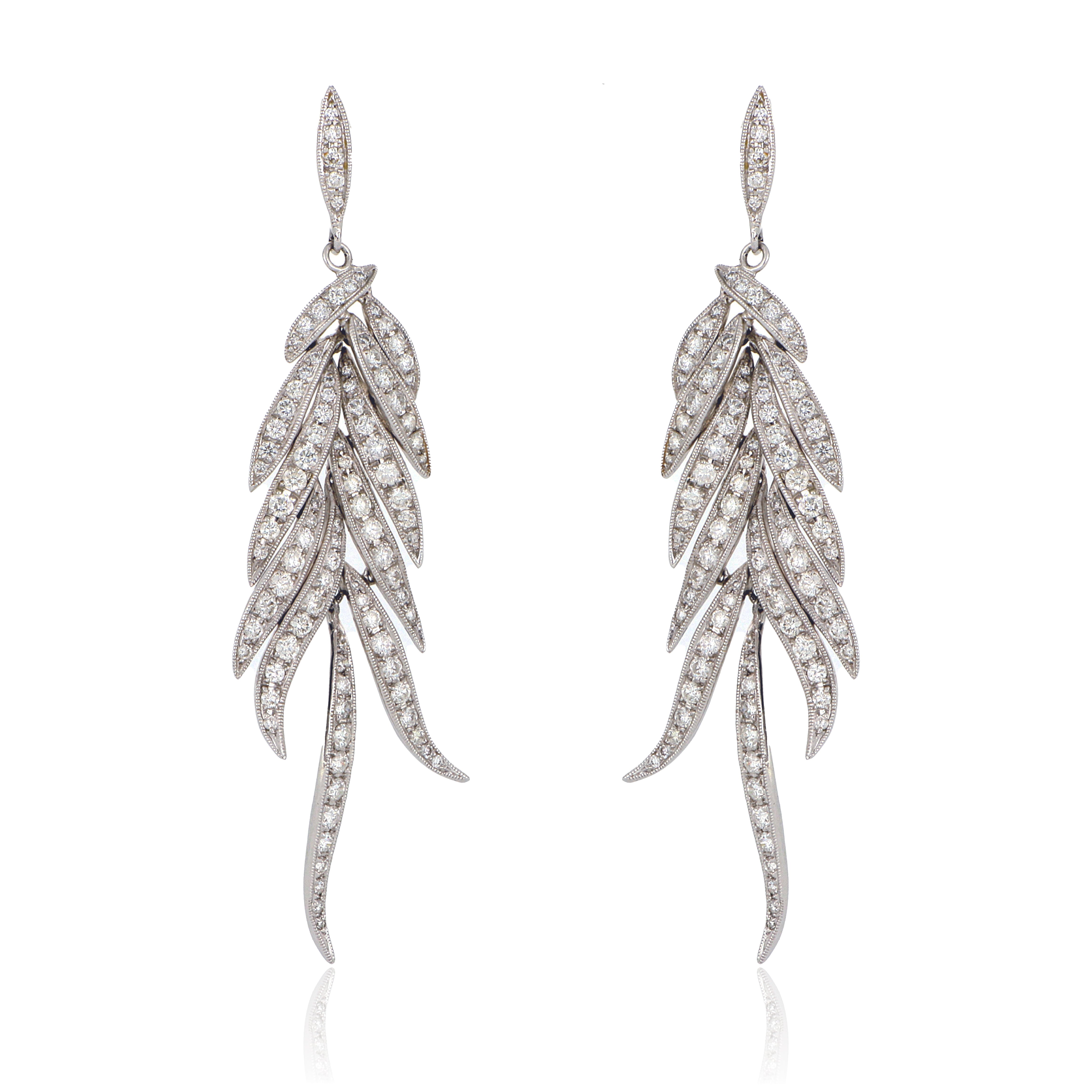 18k White Gold Diamond Feather Dangle Earrings - Charles Koll Jewelers
