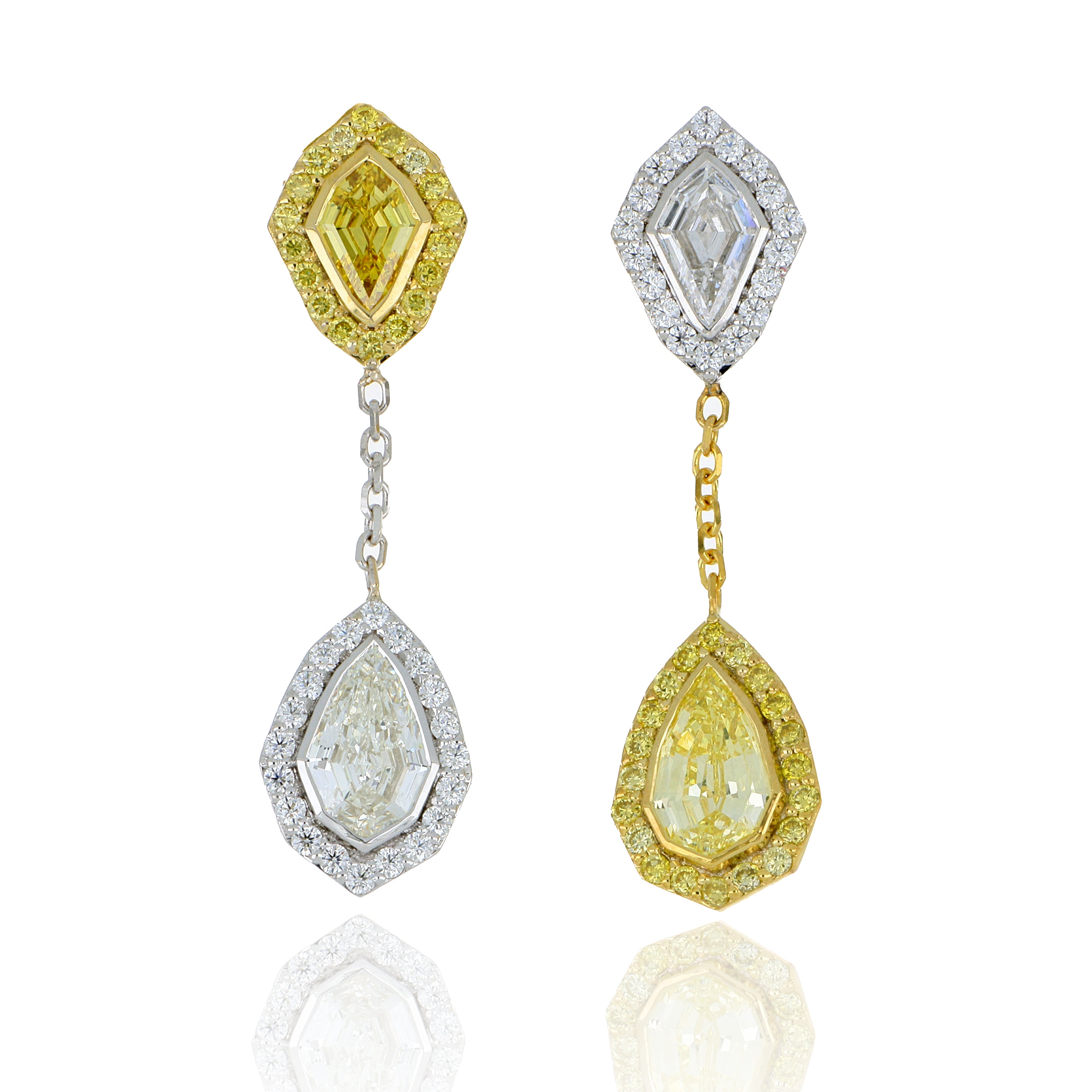 18k White and Yellow Gold Fancy Colored Diamond Kite Dangle Earrings