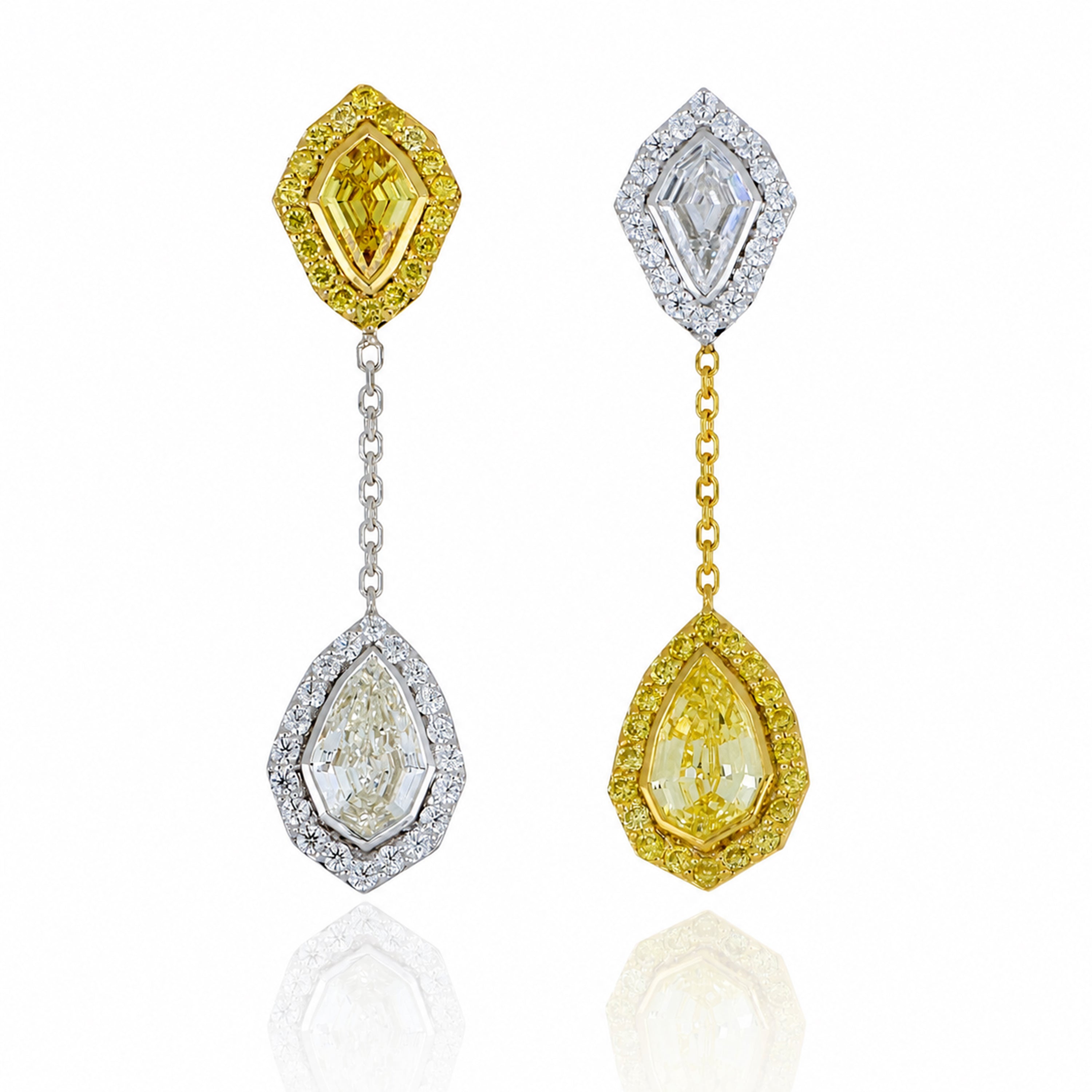 18k White and Yellow Gold Fancy Colored Diamond Kite Dangle Earrings