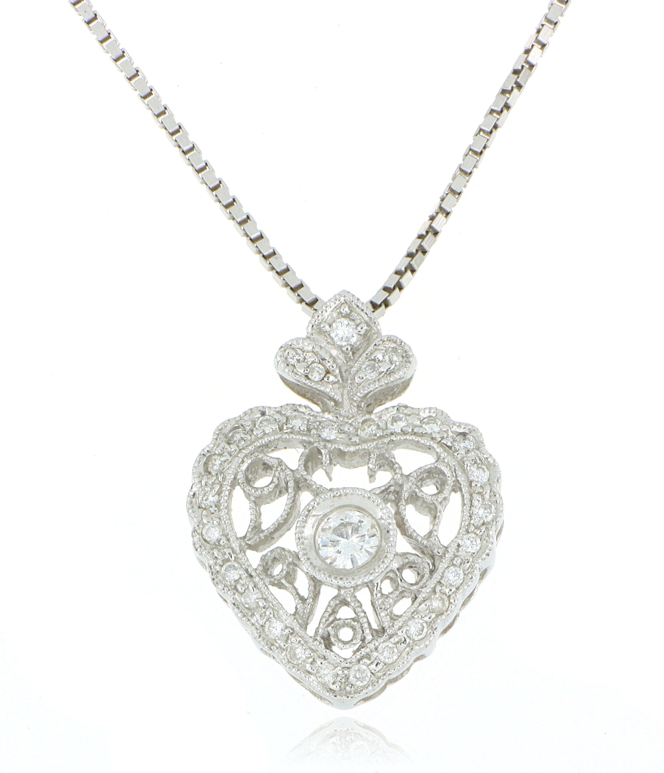 18k White Gold Vintage Diamond Heart Necklace - Charles Koll Jewelers