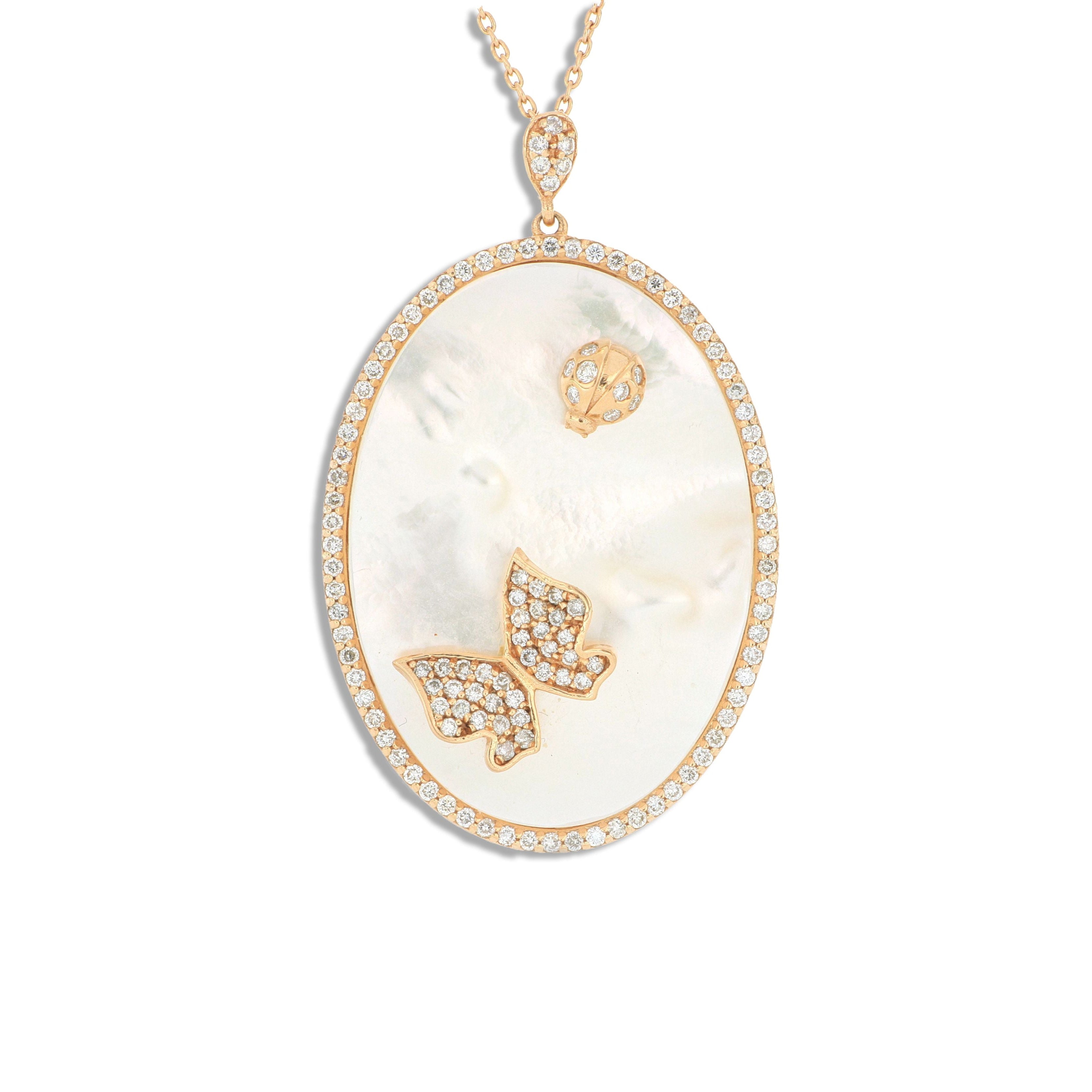 14k Rose Gold Mother of Pear and Diamond Butterfly Necklace