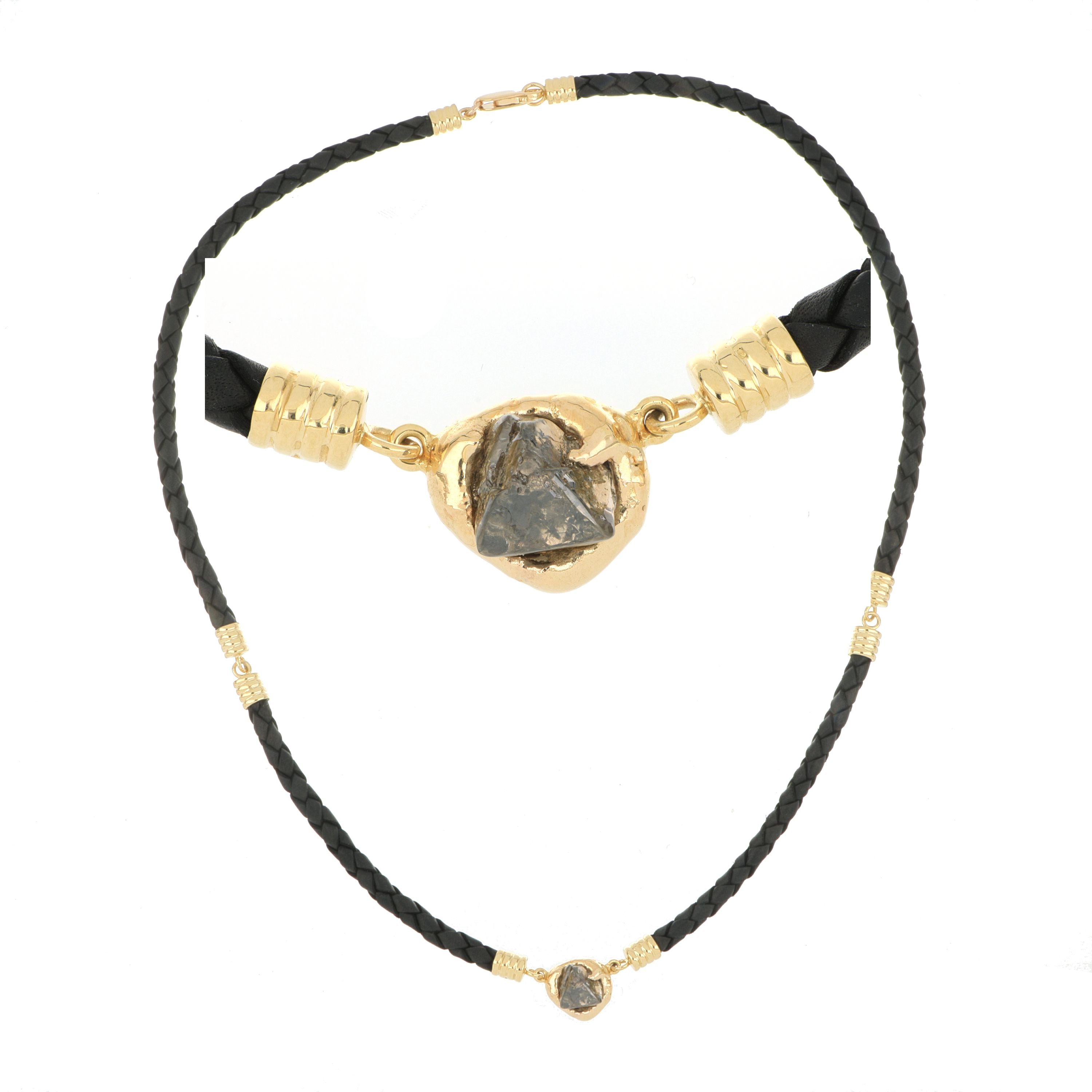 18k Yellow Gold and Leather Raw Diamond Necklace