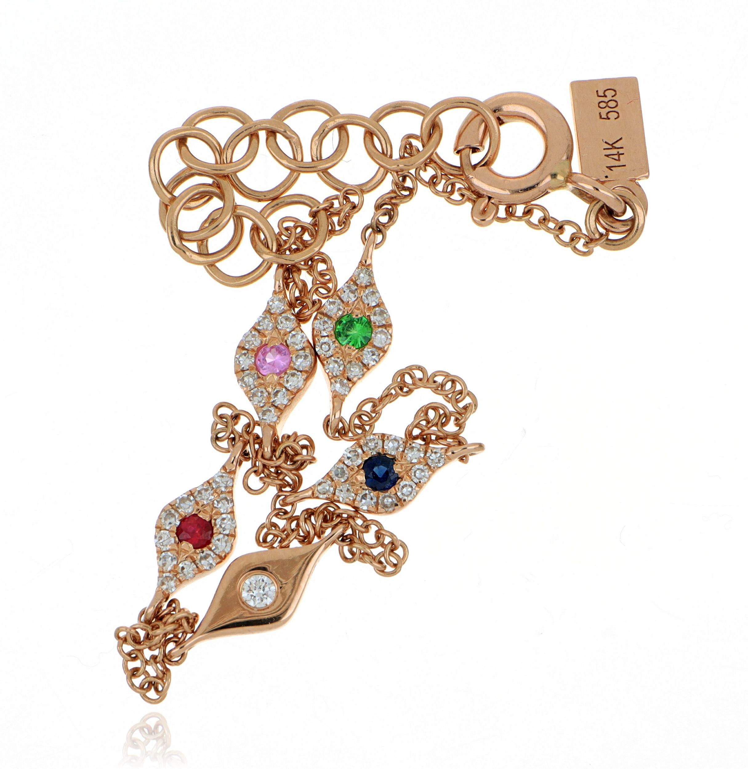 14k Rose Gold Diamond, Tsavorite, Ruby and Multi-Colored Sapphire Evil Eye Bracelet - Charles Koll Jewelers