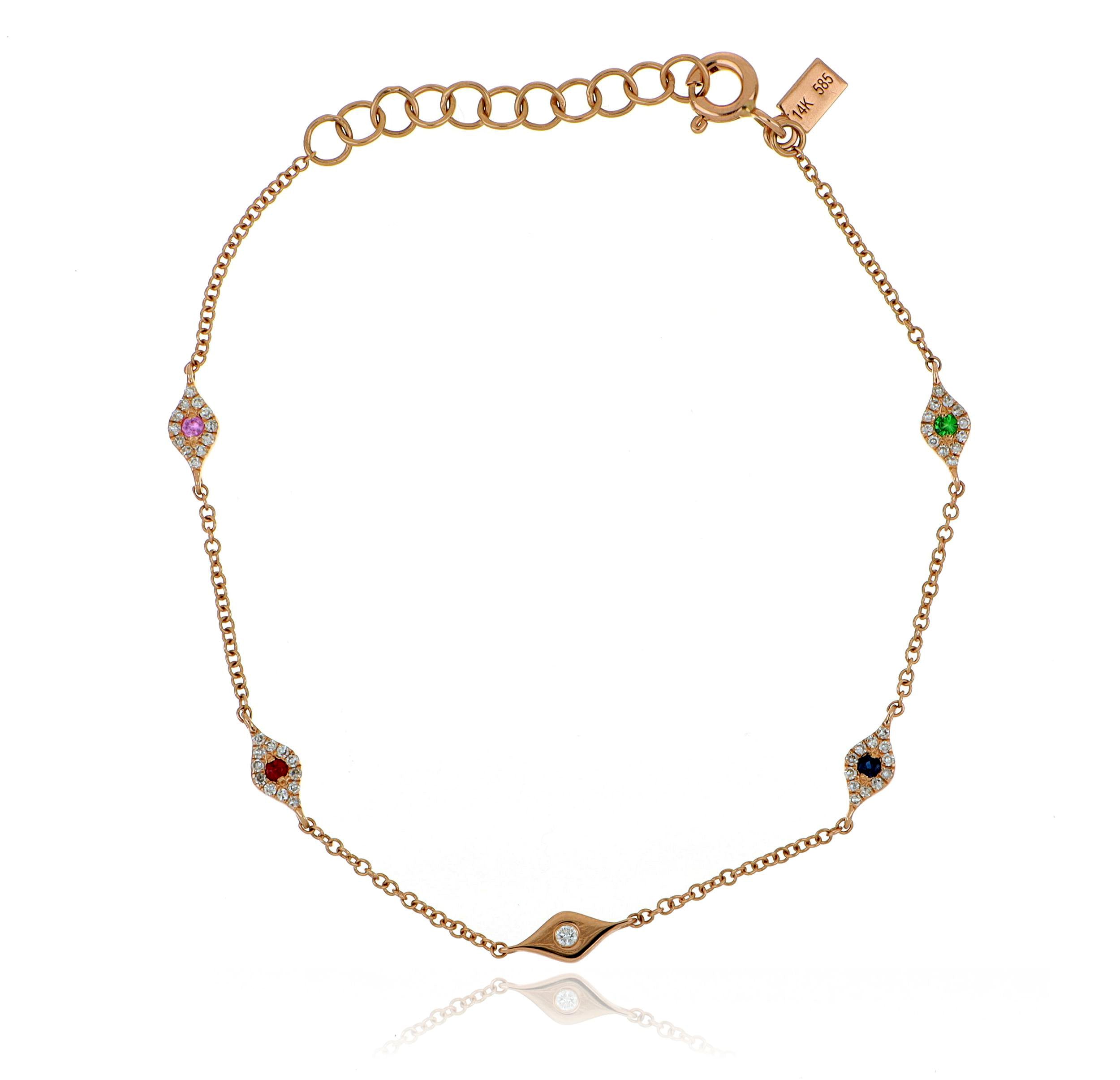 14k Rose Gold Diamond, Tsavorite, Ruby and Multi-Colored Sapphire Evil Eye Bracelet - Charles Koll Jewelers