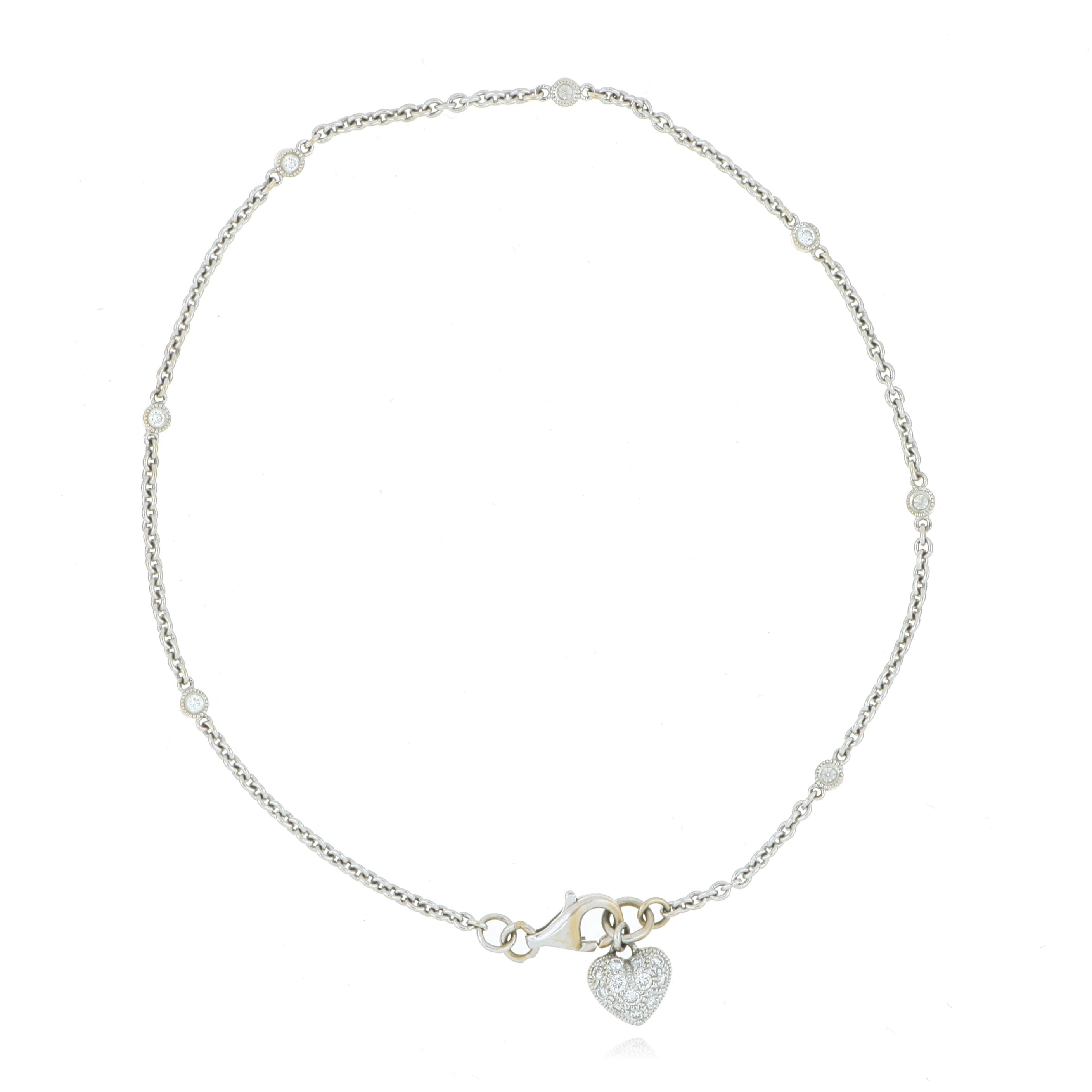 18k White Gold Diamond Pave Heart Tennis Anklet