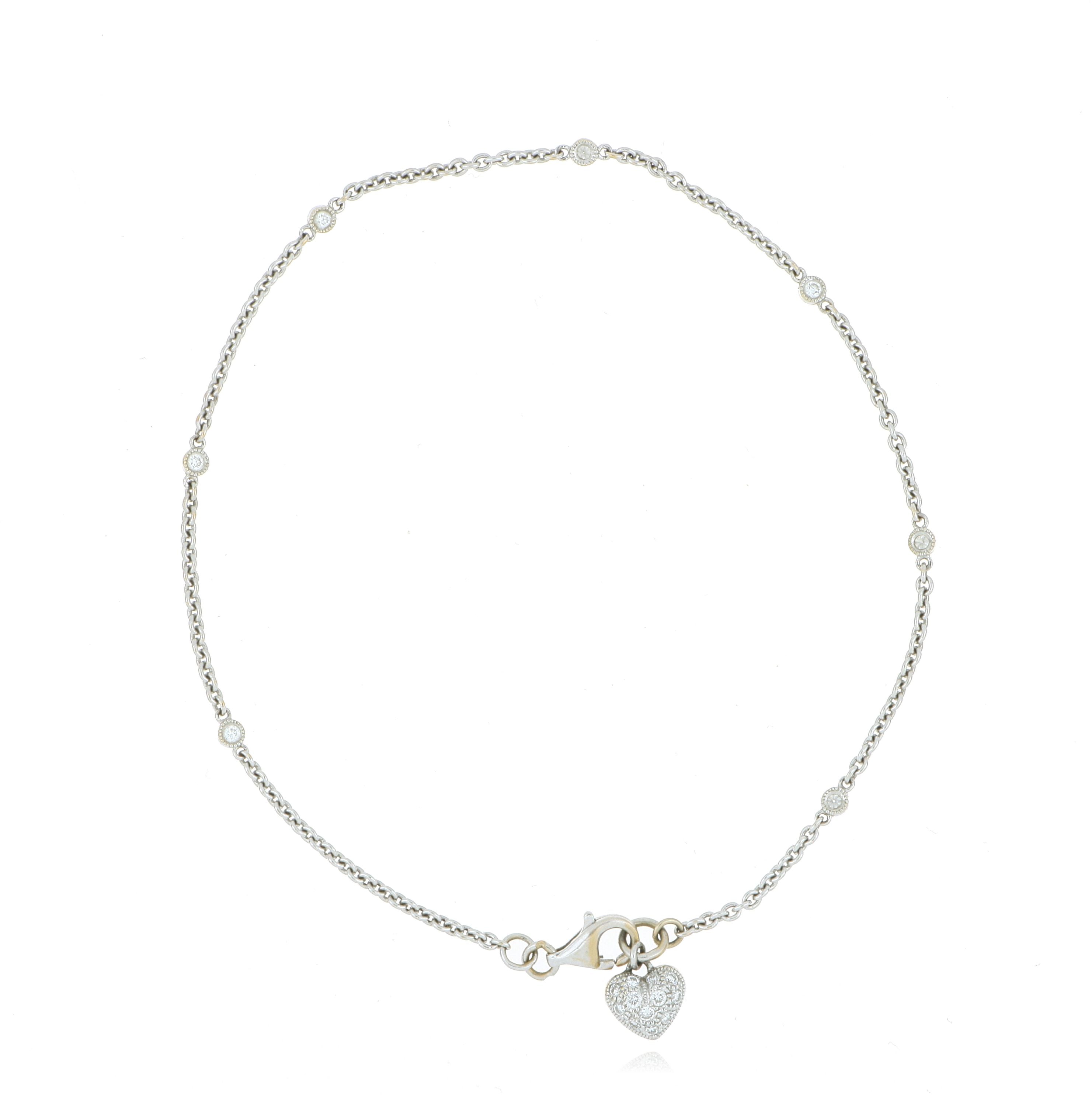 18k White Gold Diamond Pave Heart Tennis Anklet