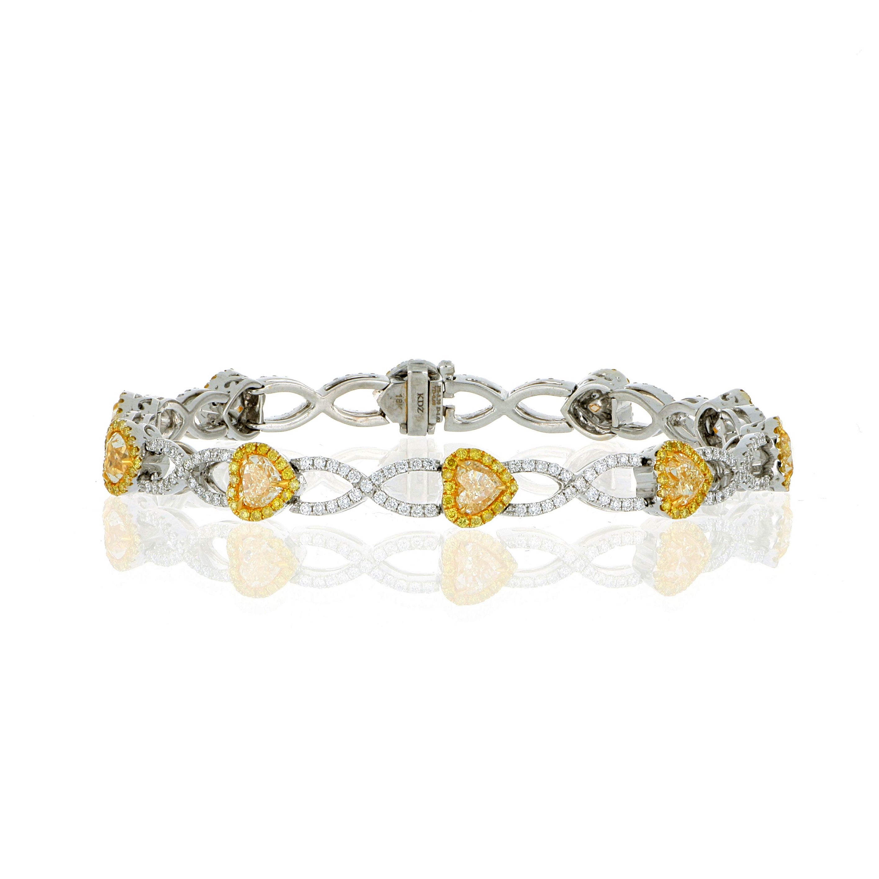 18k White and Yellow Gold Fancy Yellow Heart Shaped Diamond Bracelet