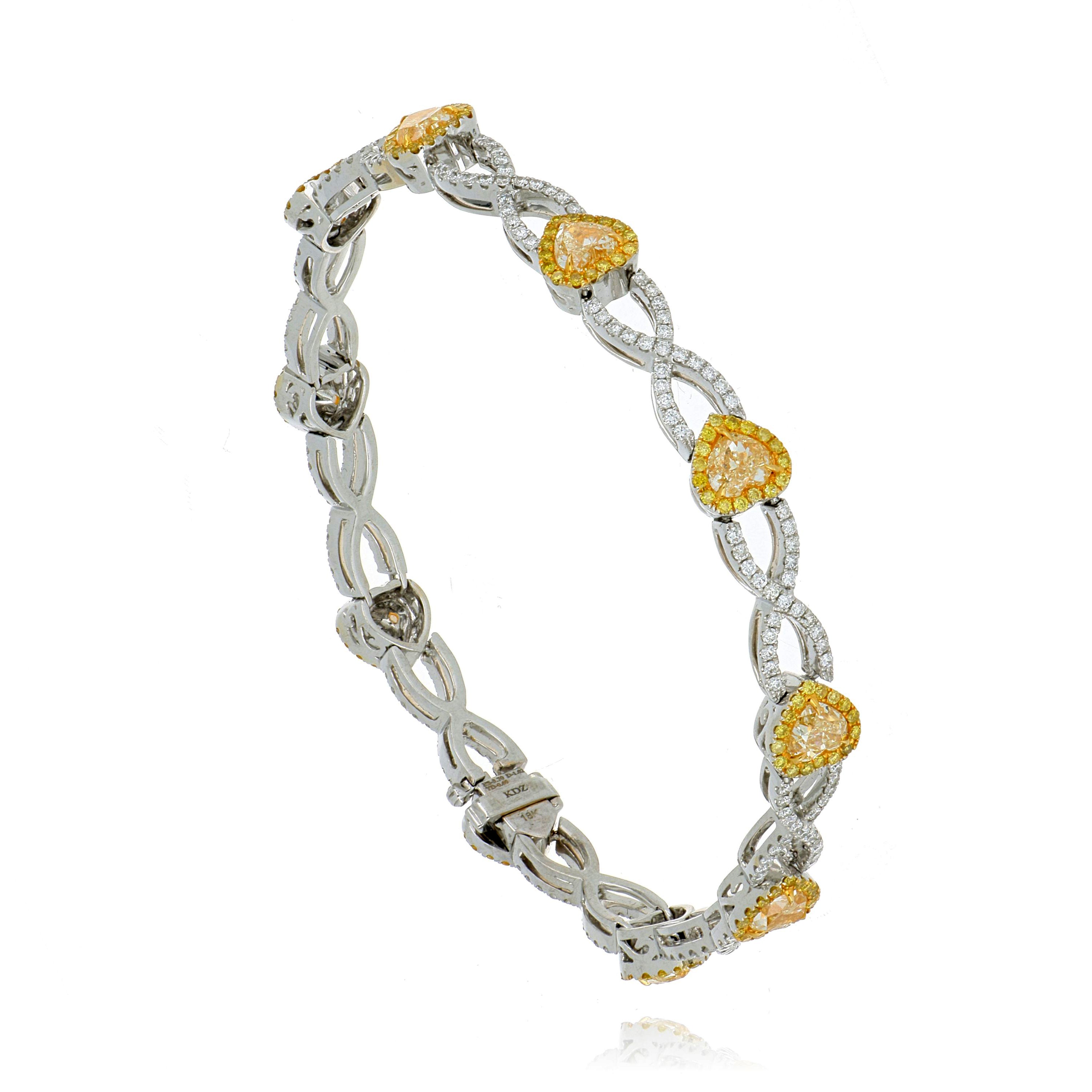 18k White and Yellow Gold Fancy Yellow Heart Shaped Diamond Bracelet