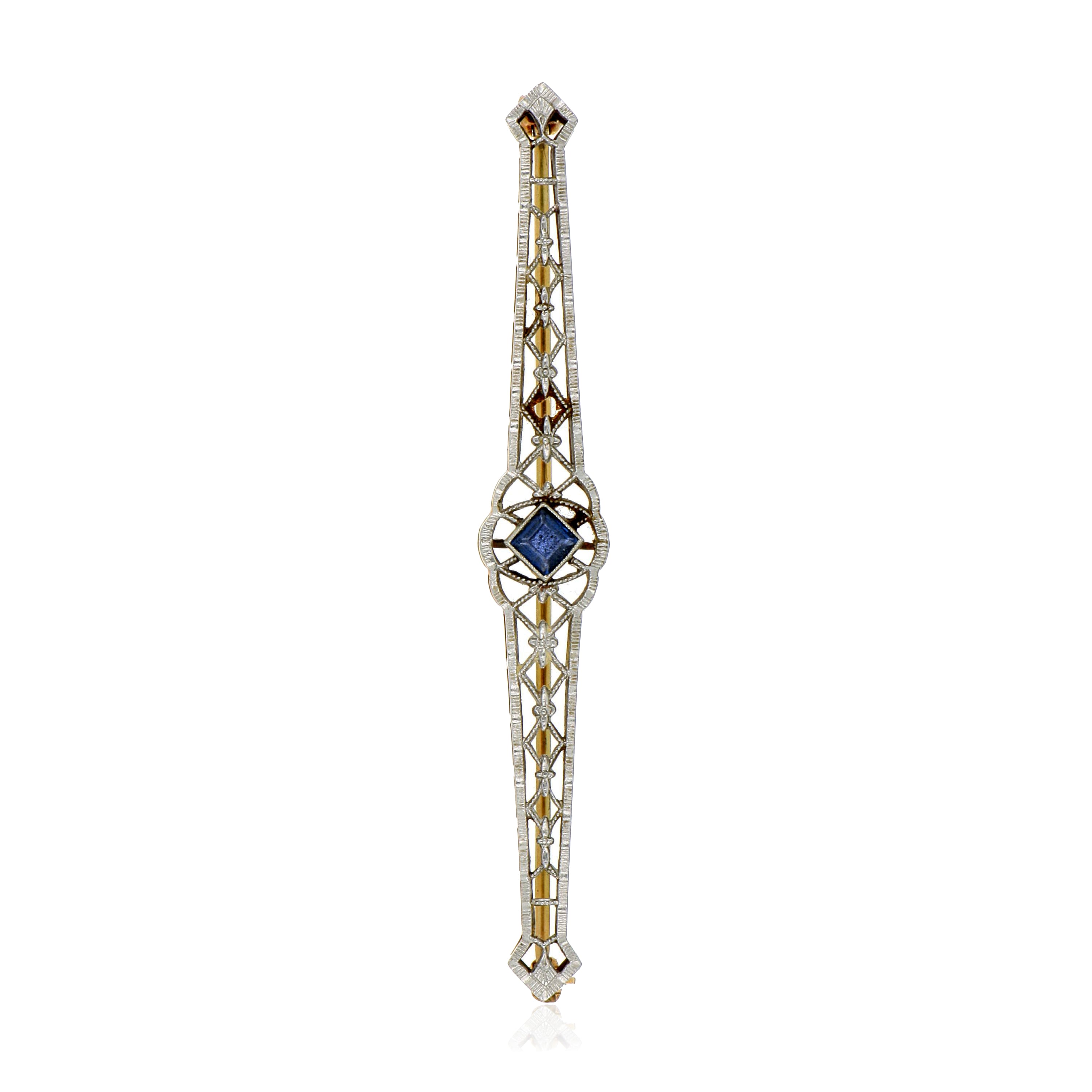 14k Yellow Gold and Platinum Solitaire Sapphire Brooch