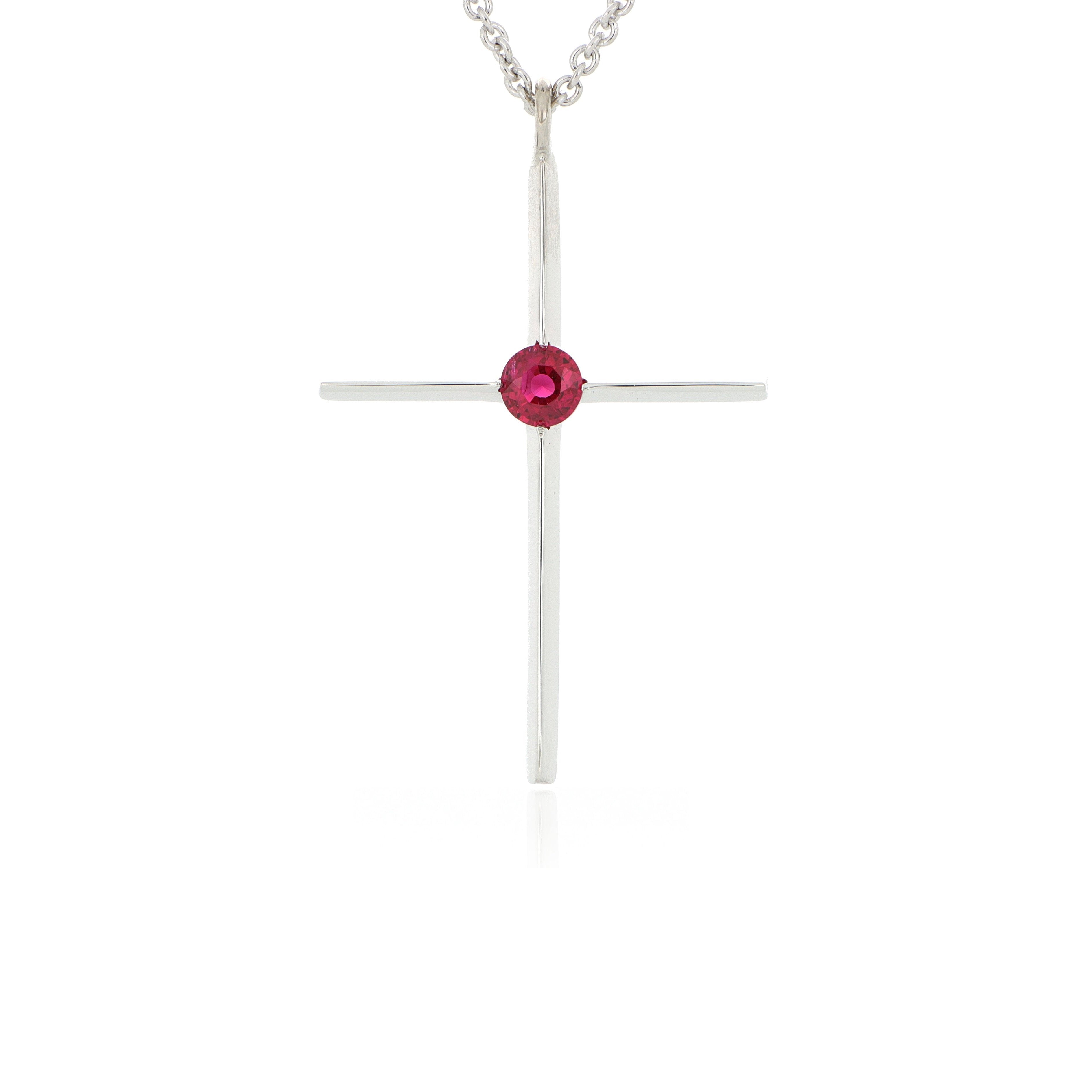 18k White Gold Knife Edge Cross with Ruby Center Necklace