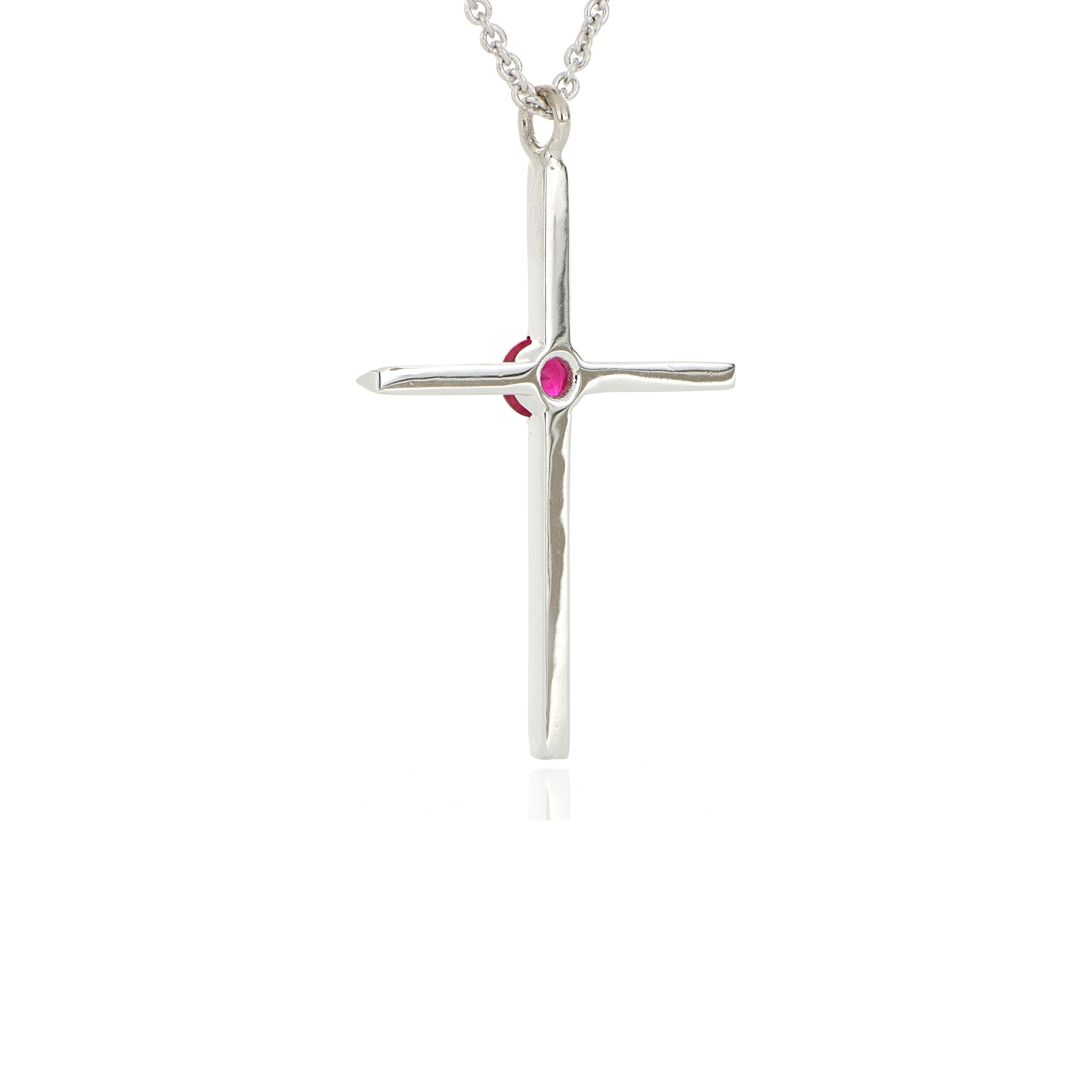 18k White Gold Knife Edge Cross with Ruby Center Necklace