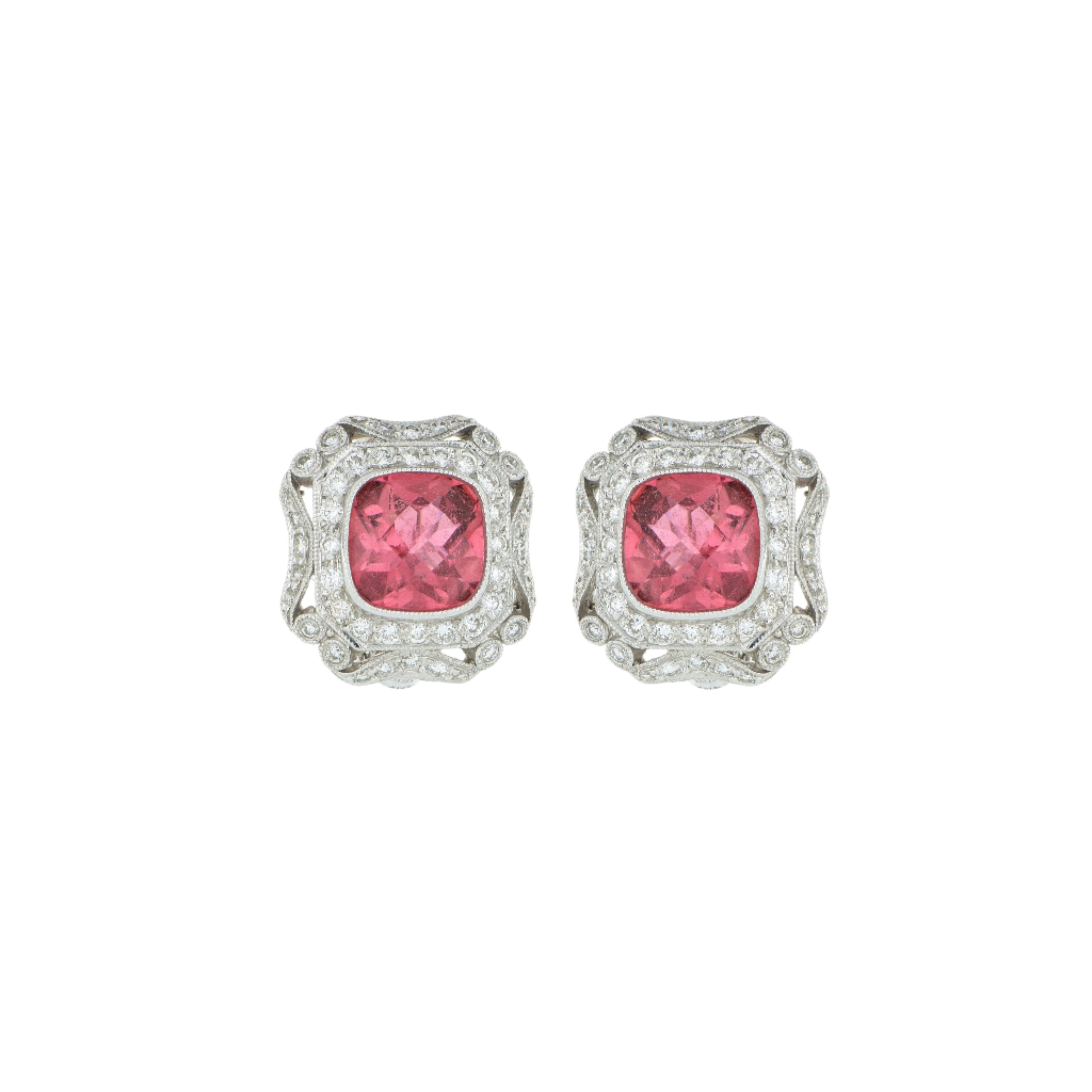 18k White Gold Pink Tourmaline and Diamond Earrings