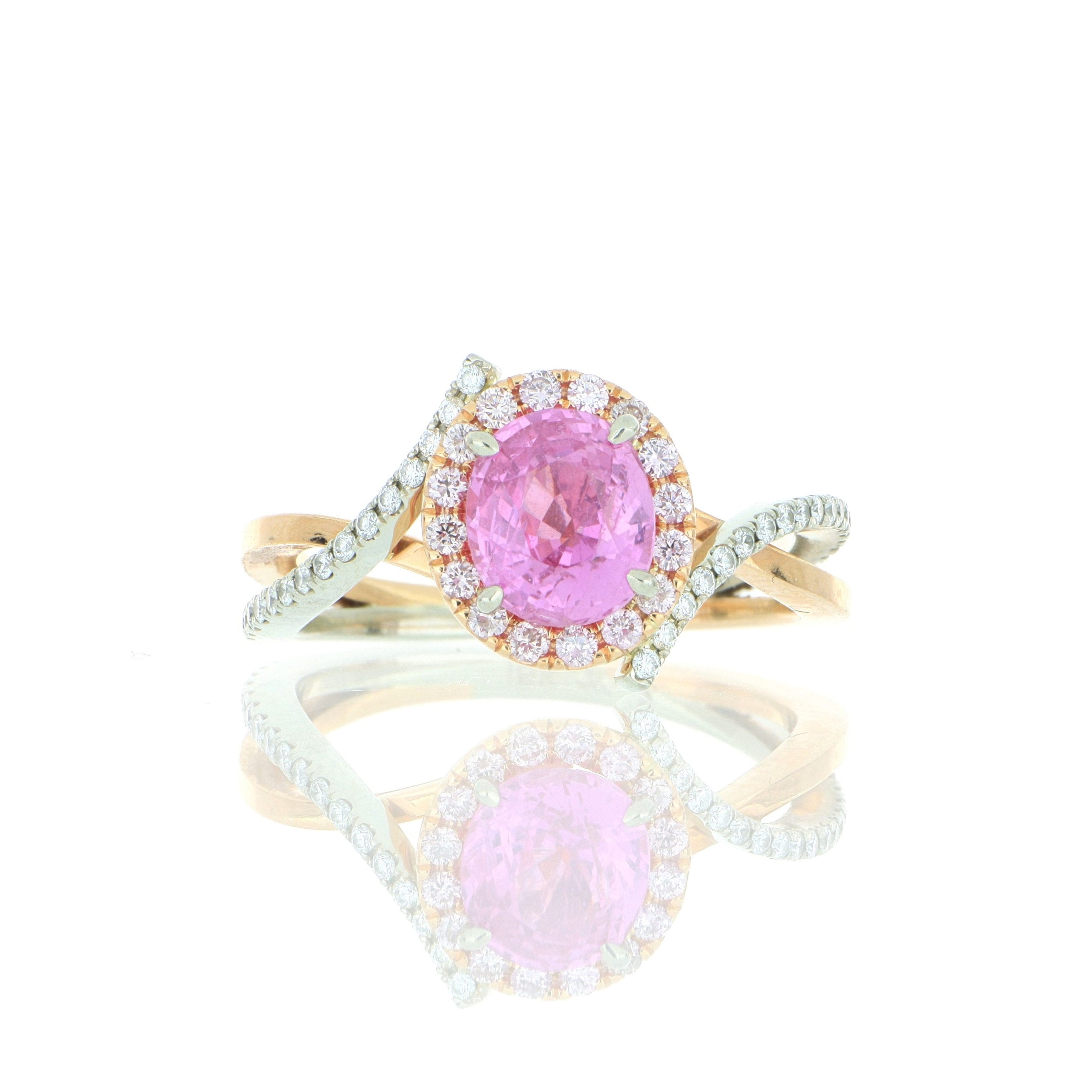 18k White and Rose Gold Pink Sapphire and Diamond Halo Ring