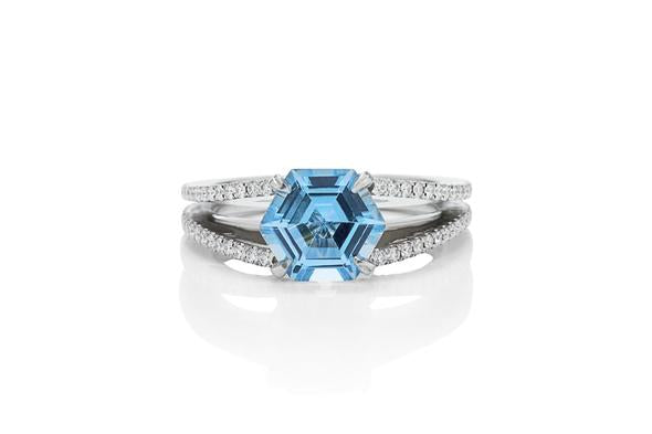 Platinum Hexagonal Blue Topaz and Diamond Accented Ring