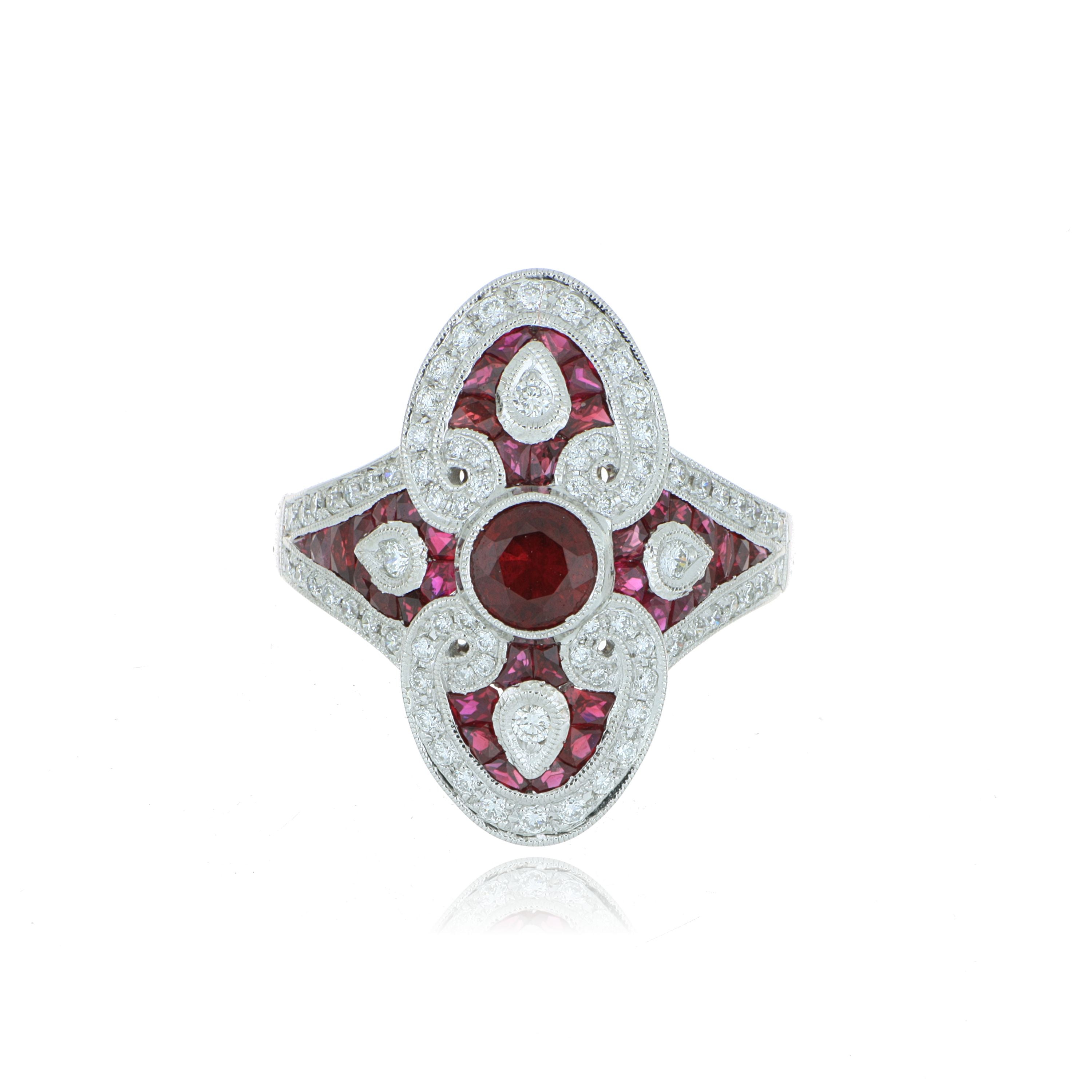 18k White Gold Ruby and Diamond Art Deco Style Ring