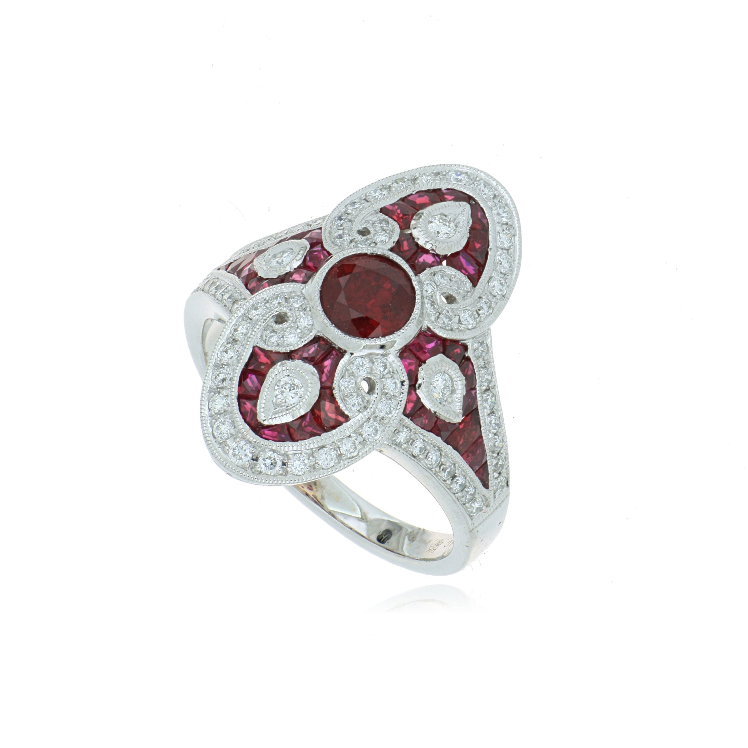 18k White Gold Ruby and Diamond Art Deco Style Ring