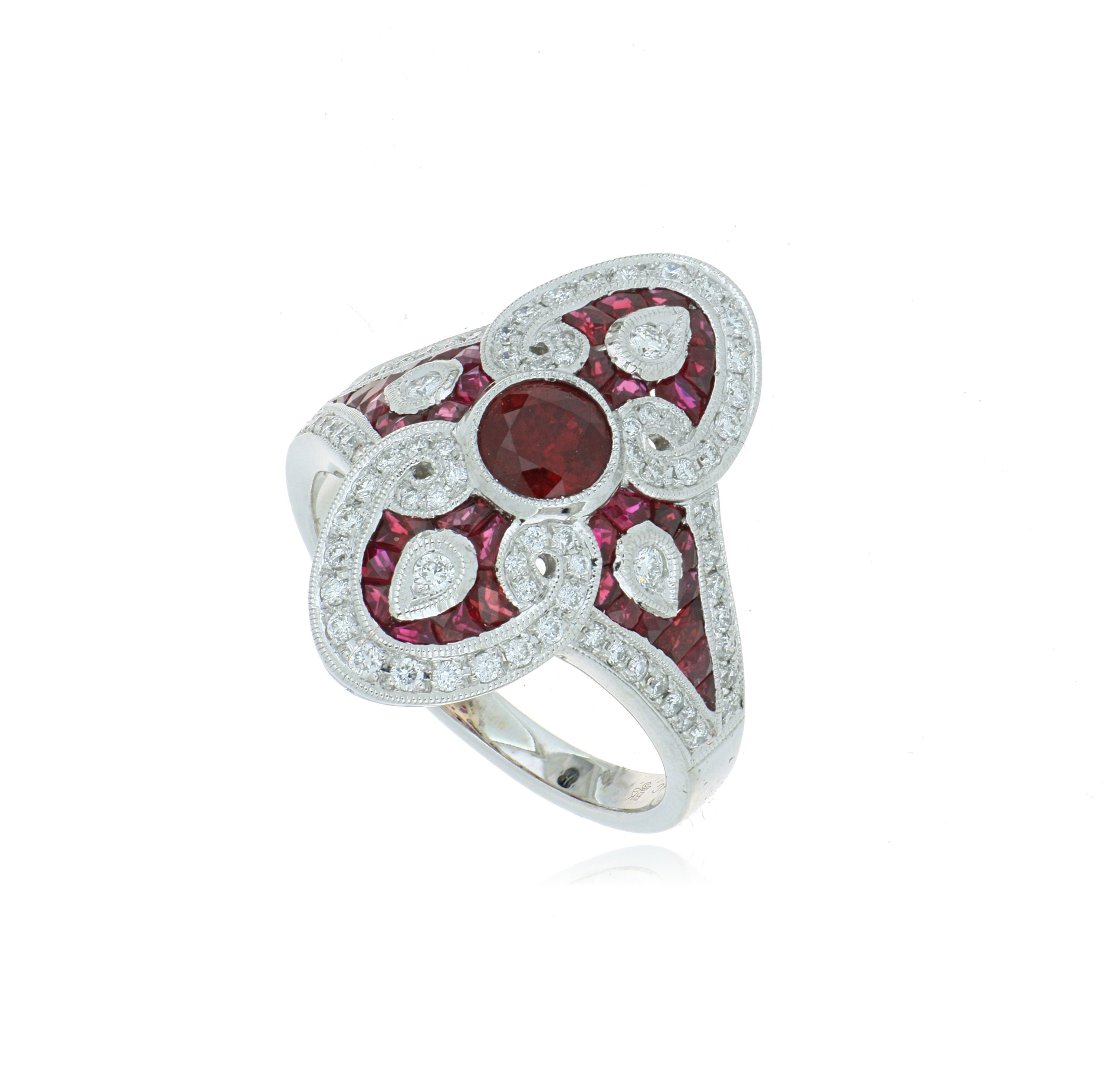 18k White Gold Ruby and Diamond Art Deco Style Ring