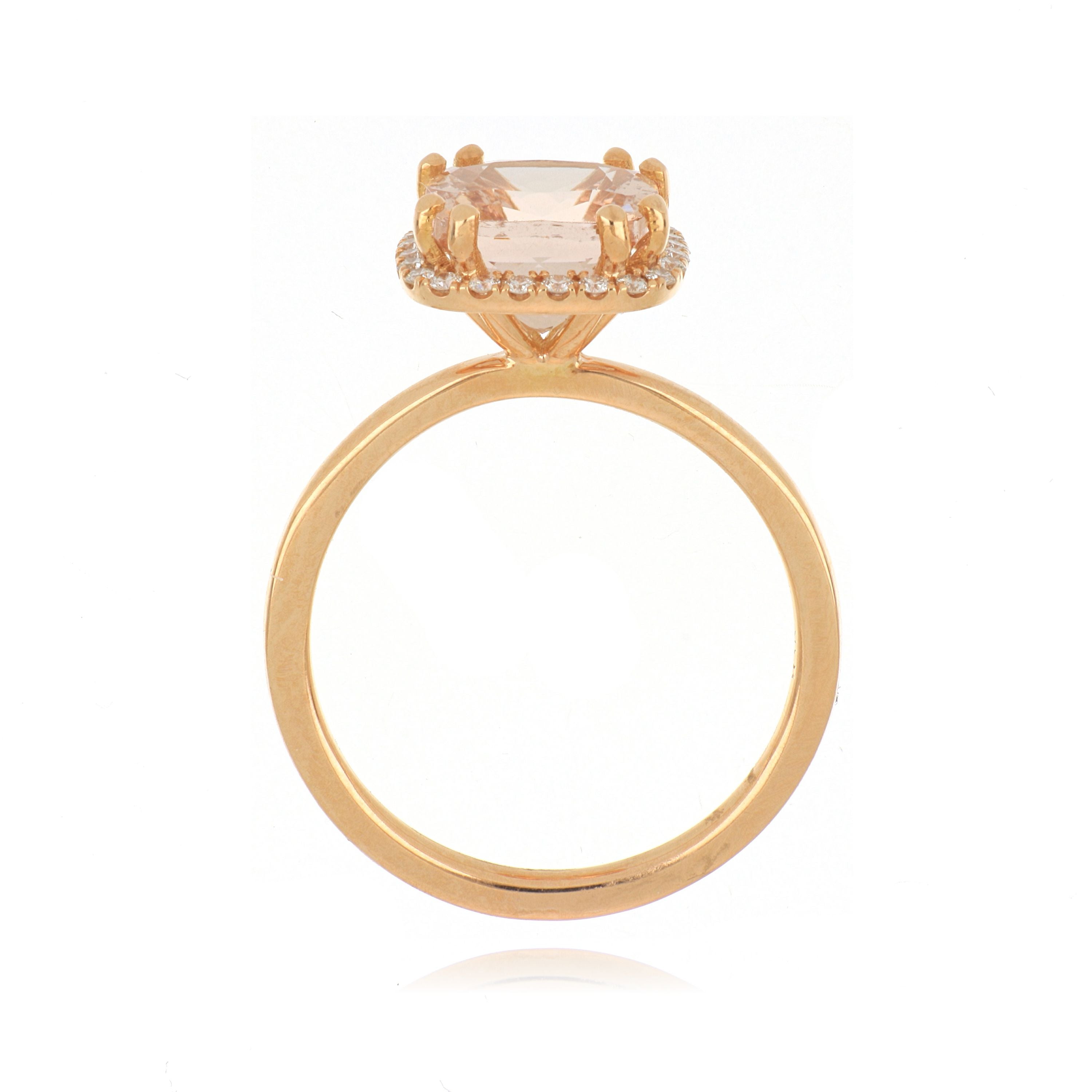 18k Rose Gold Cushion Shaped Morganite and Diamond Halo Ring