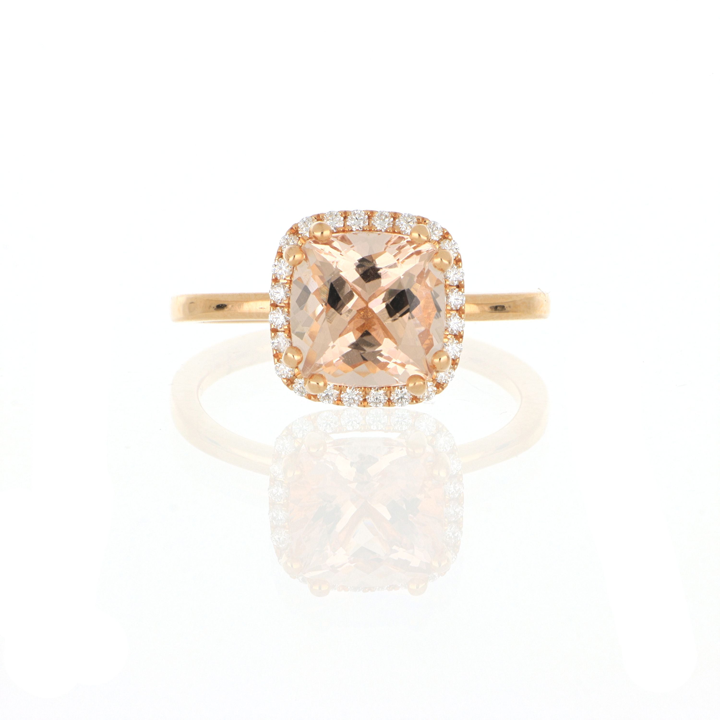 18k Rose Gold Cushion Shaped Morganite and Diamond Halo Ring