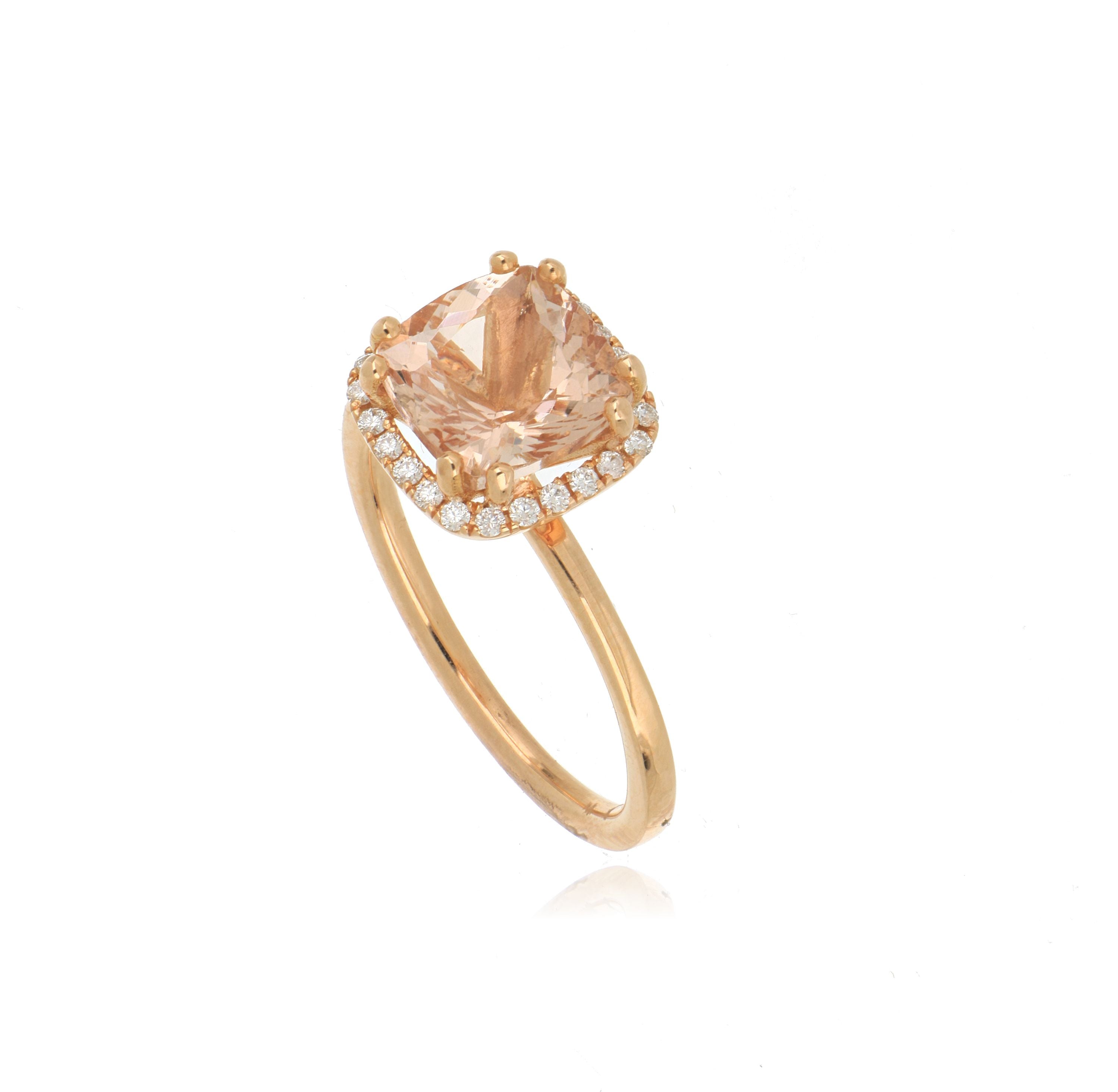 18k Rose Gold Cushion Shaped Morganite and Diamond Halo Ring