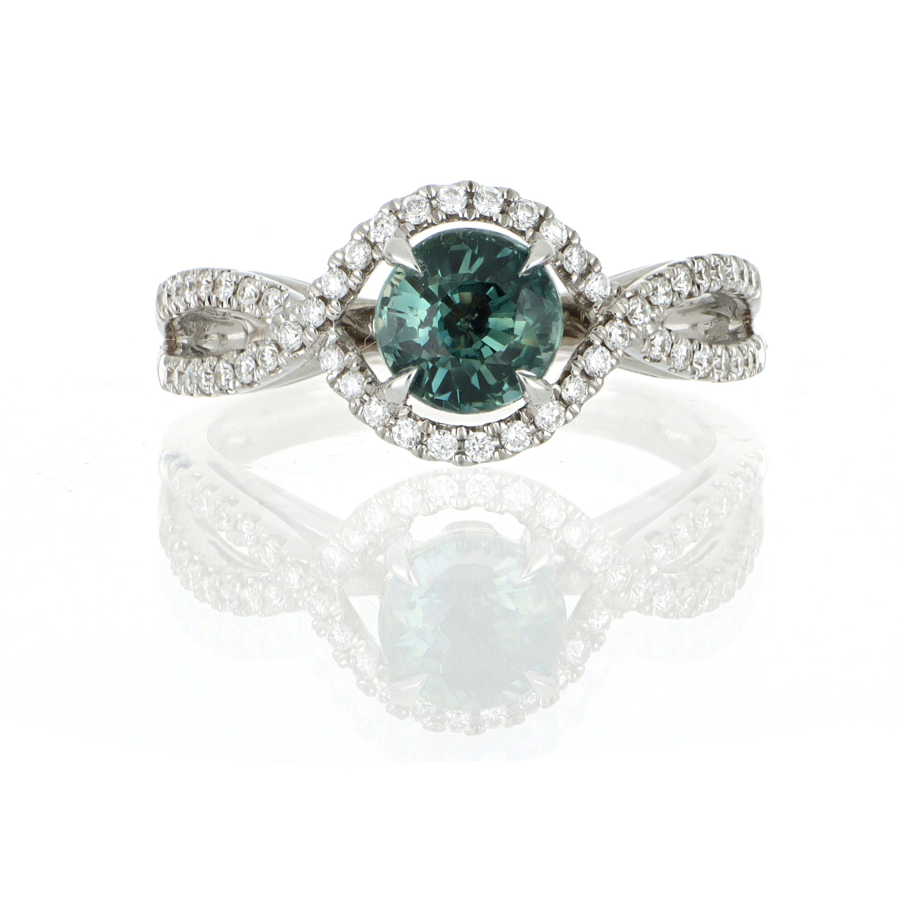 18k White Gold Teal Sapphire and Diamond Ring