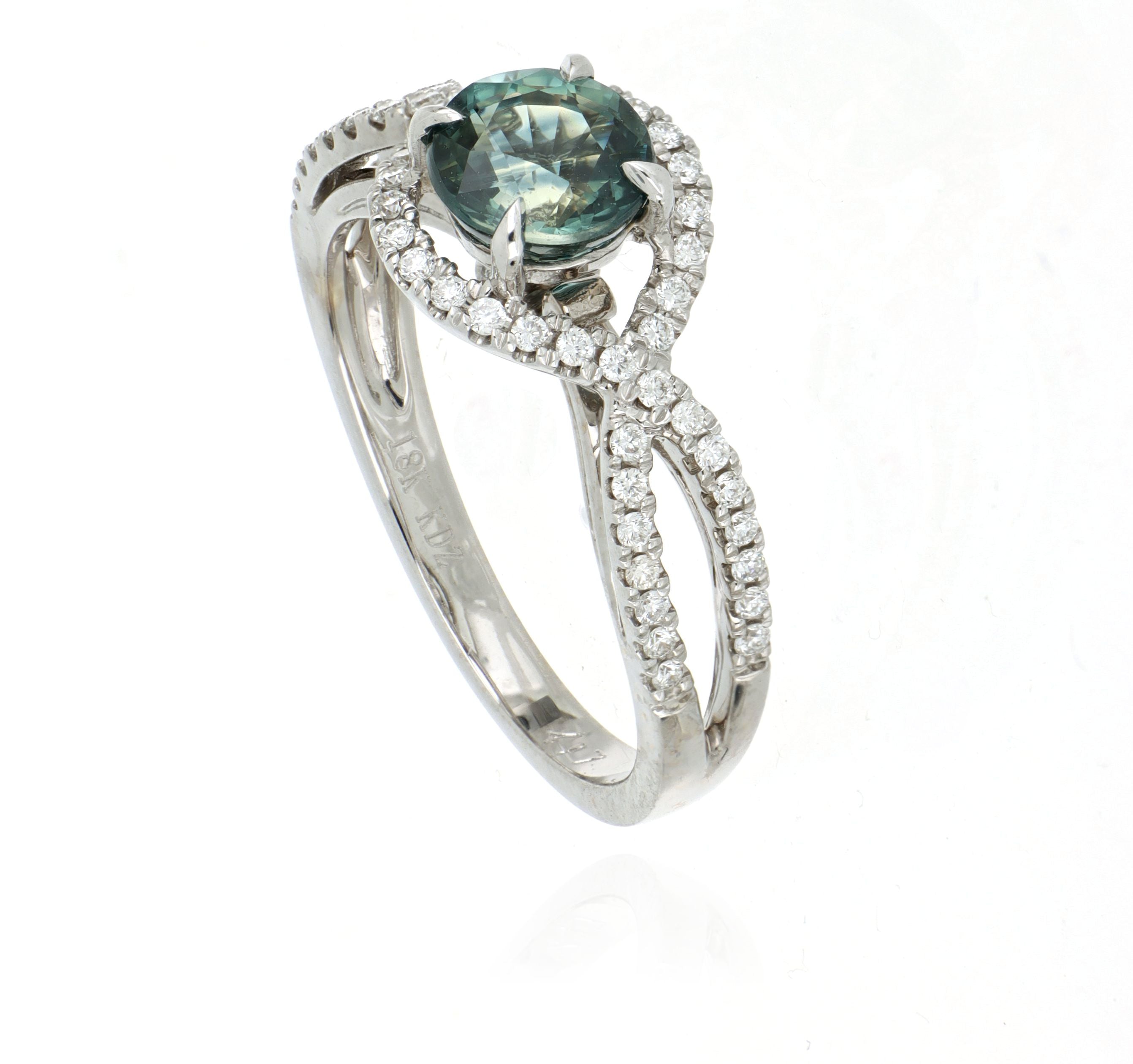 18k White Gold Teal Sapphire and Diamond Ring