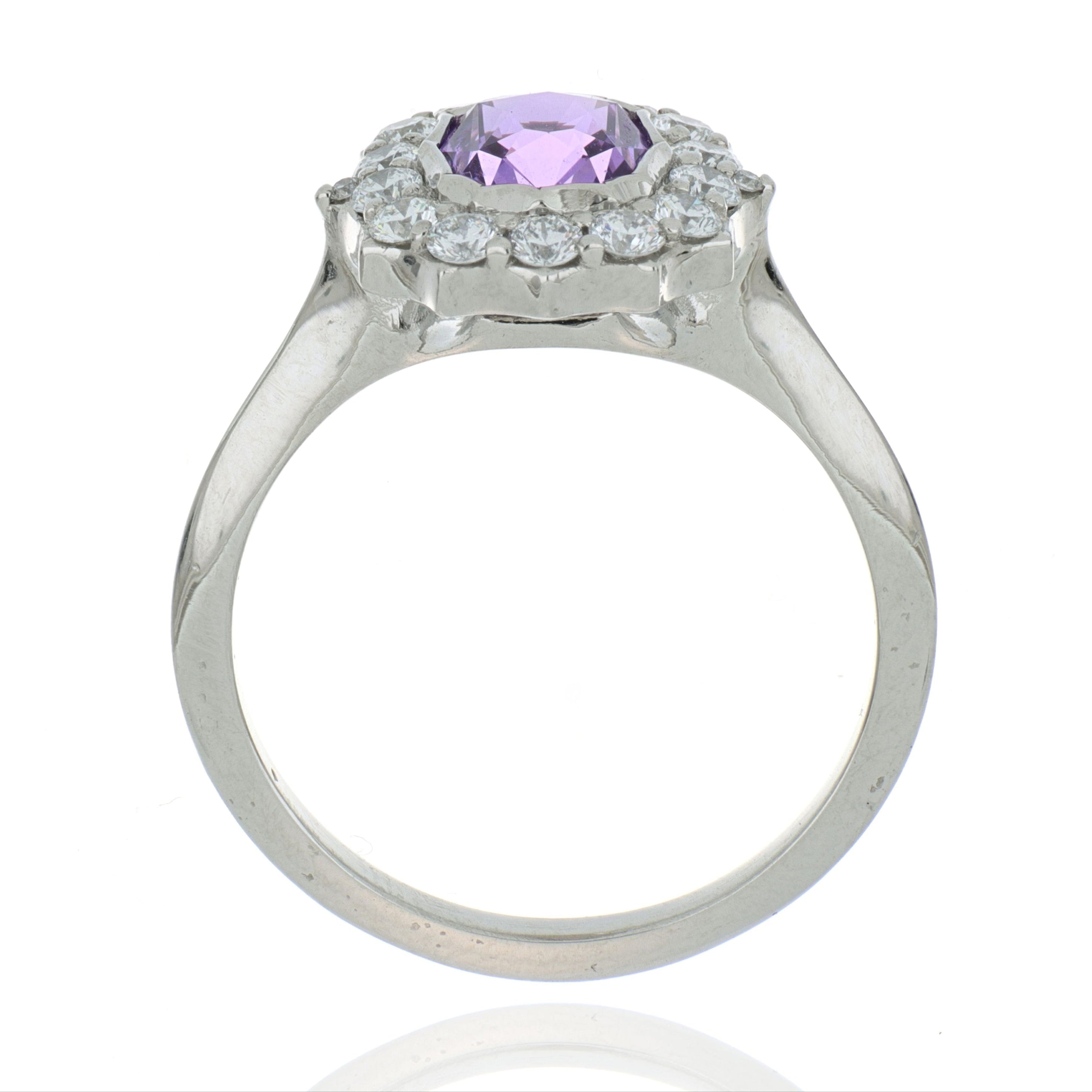 Hard Platinum Purple Sapphire and Diamond Halo Ring