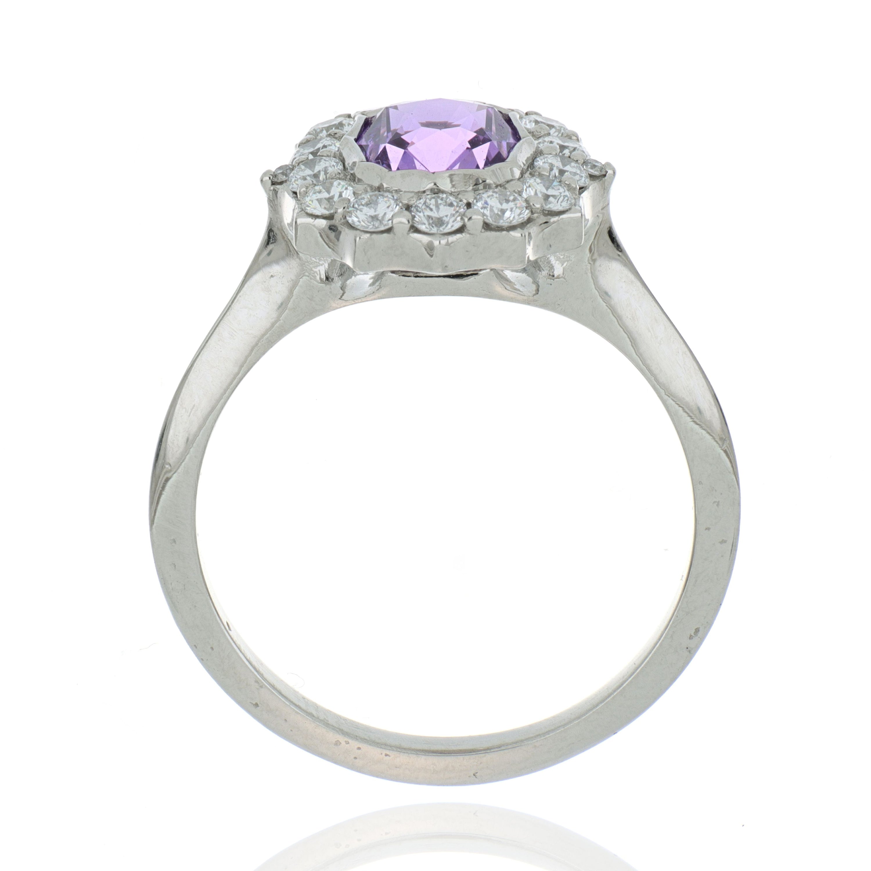 Hard Platinum Purple Sapphire and Diamond Halo Ring