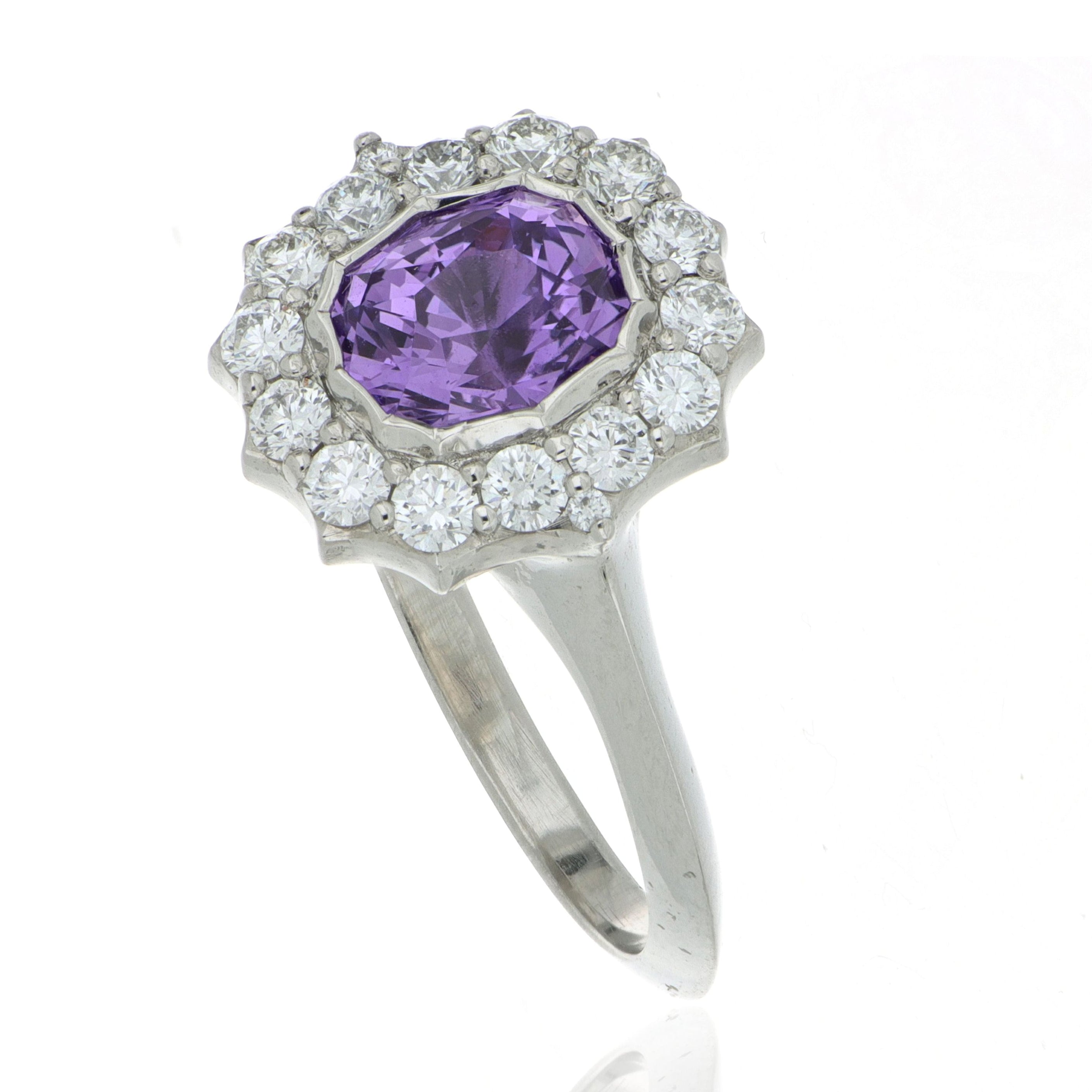 Hard Platinum Purple Sapphire and Diamond Halo Ring