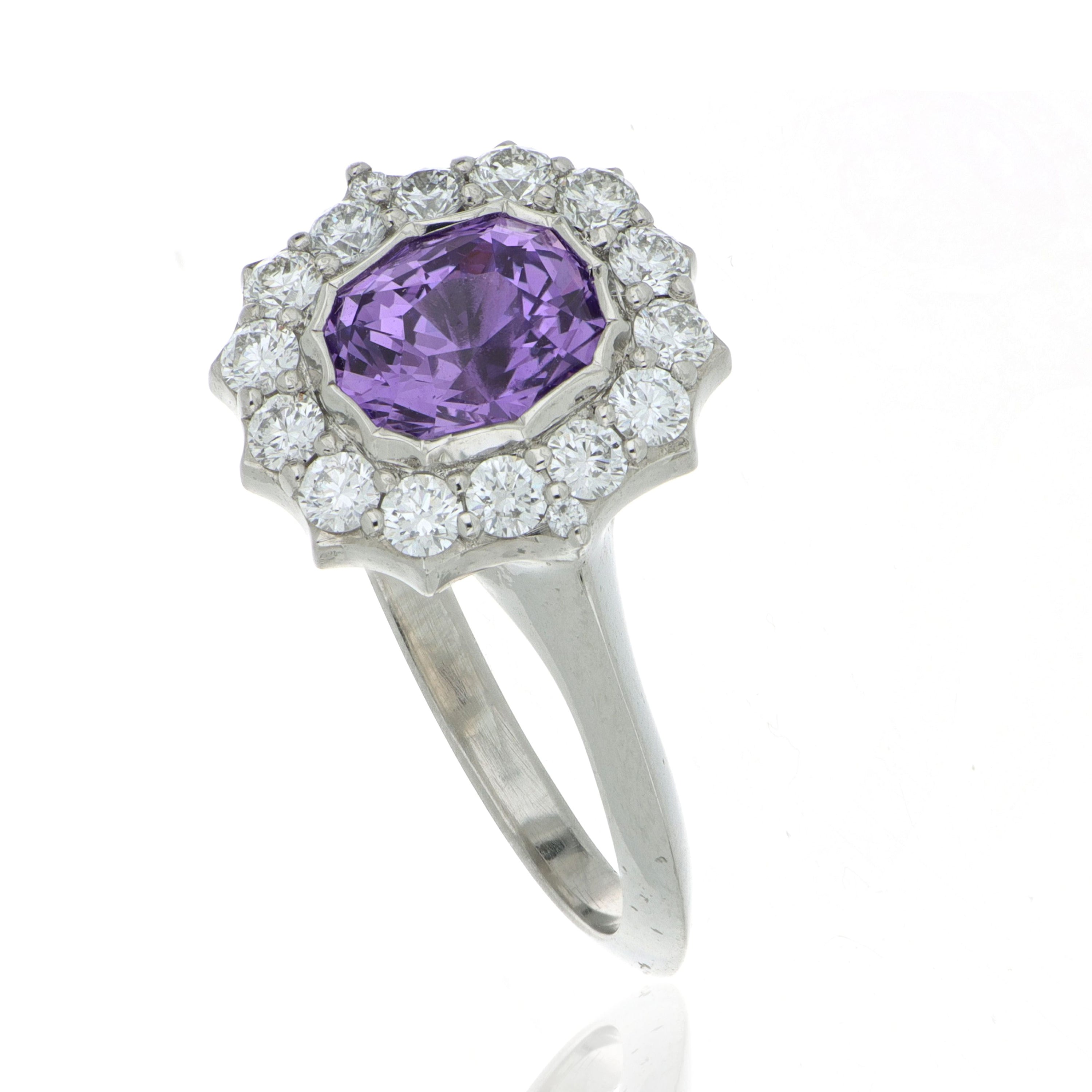 Hard Platinum Purple Sapphire and Diamond Halo Ring