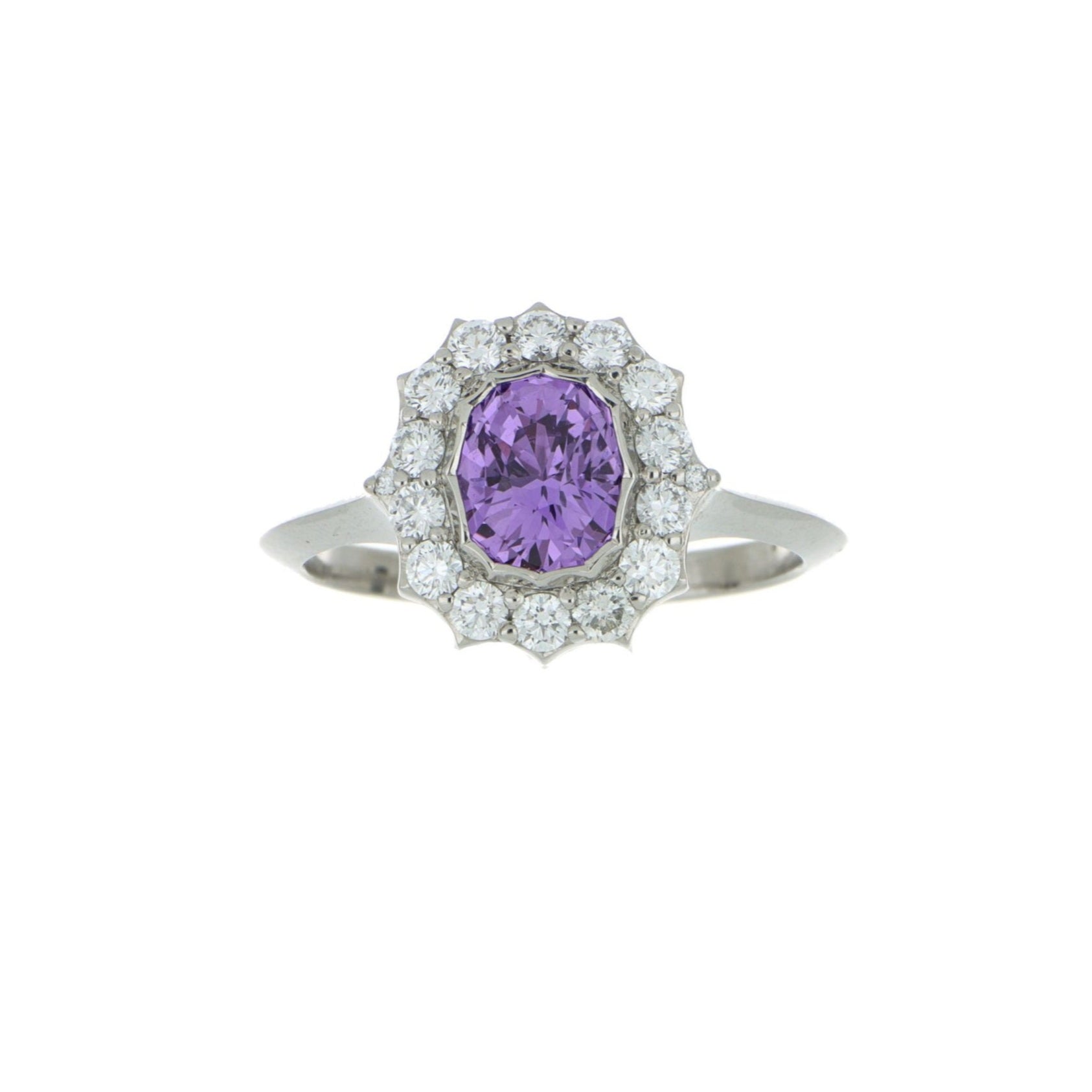 Hard Platinum Purple Sapphire and Diamond Halo Ring