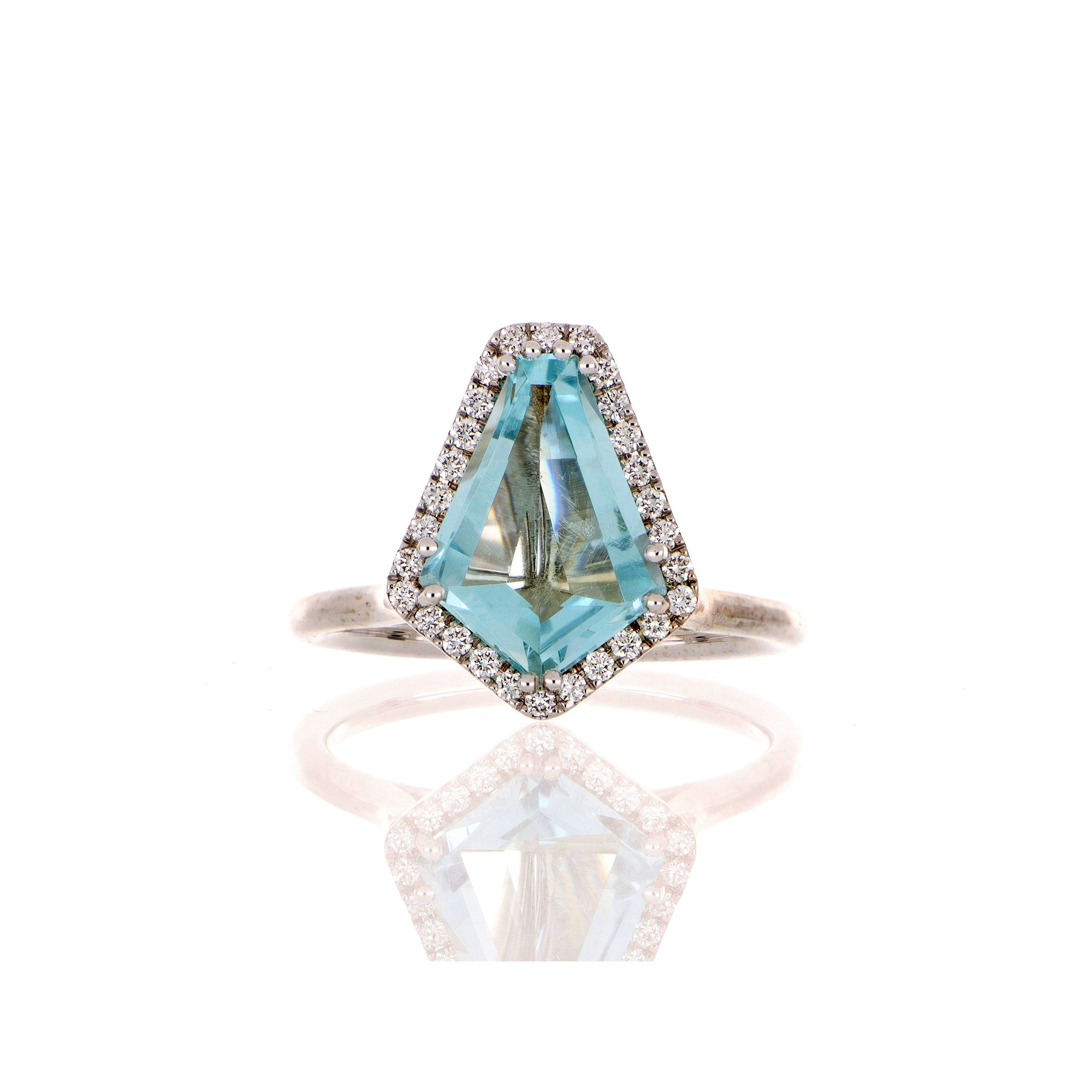 18k White Gold Kite Shaped Aquamarine and Diamond Ring - Charles Koll Jewelers