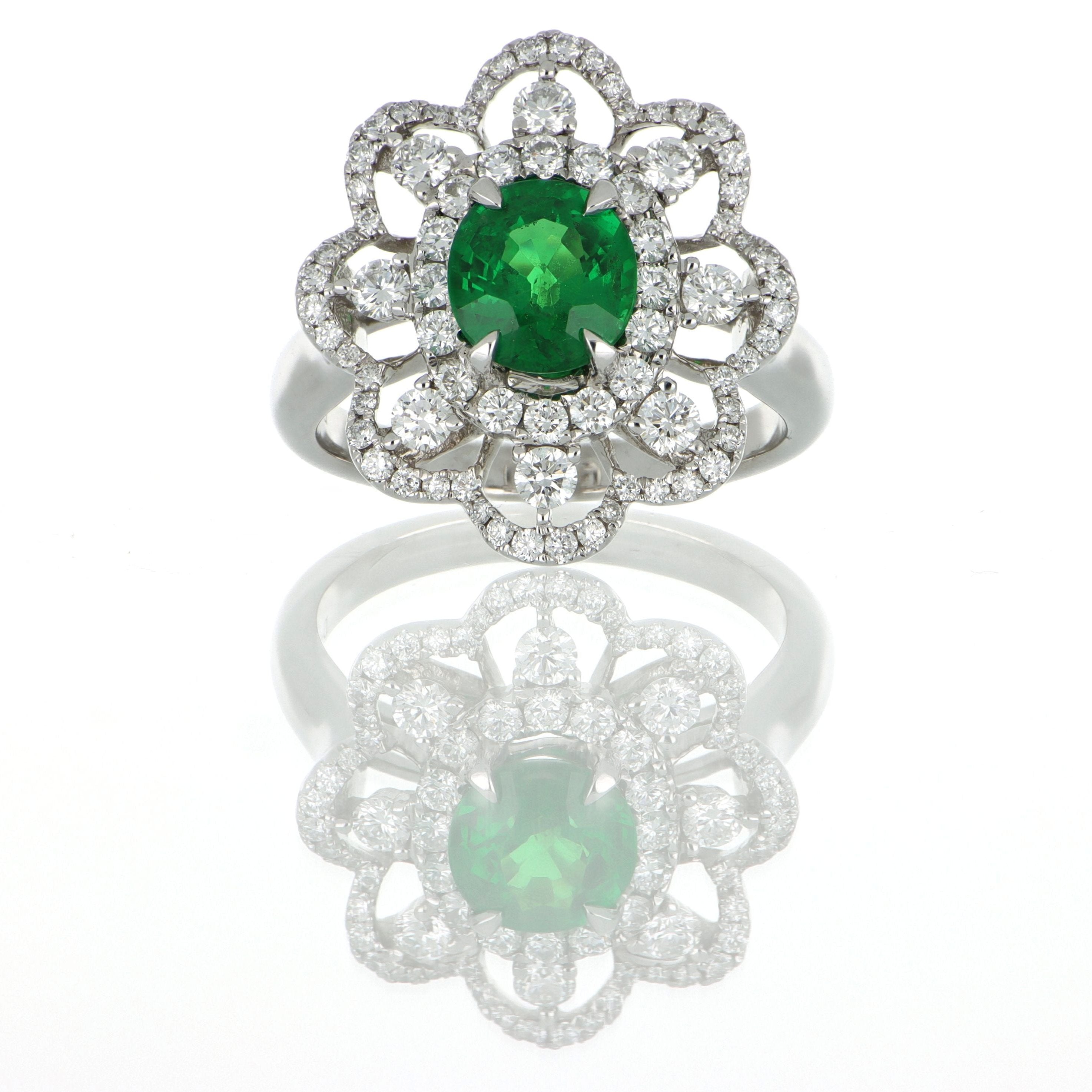 18k White Gold Tsavorite and Diamond Flower Cocktail Ring