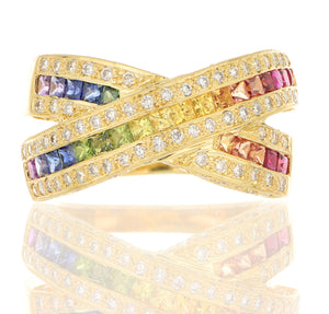 18k Rainbow Sapphire and Diamond Crossover Ring