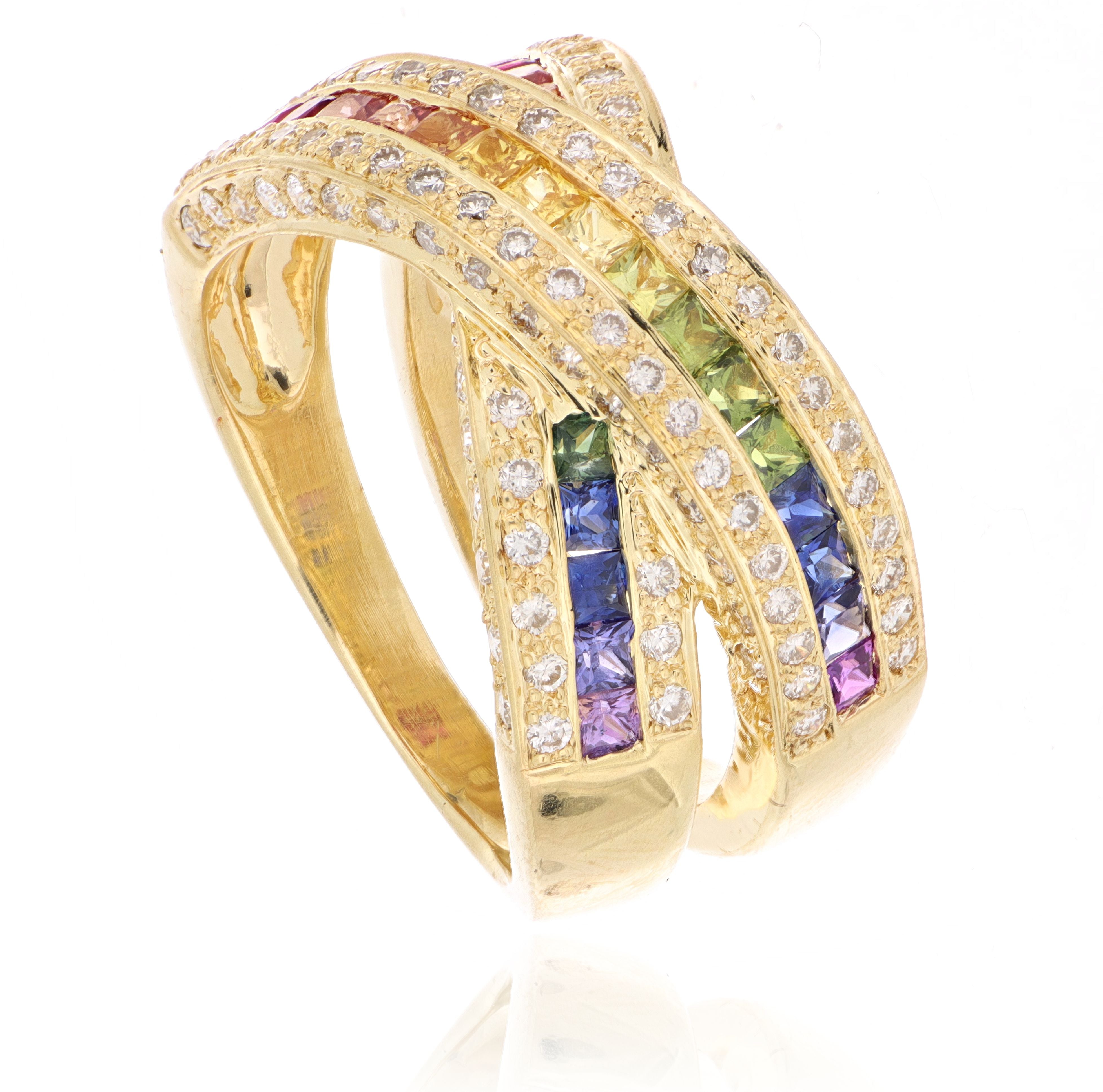 18k Rainbow Sapphire and Diamond Crossover Ring