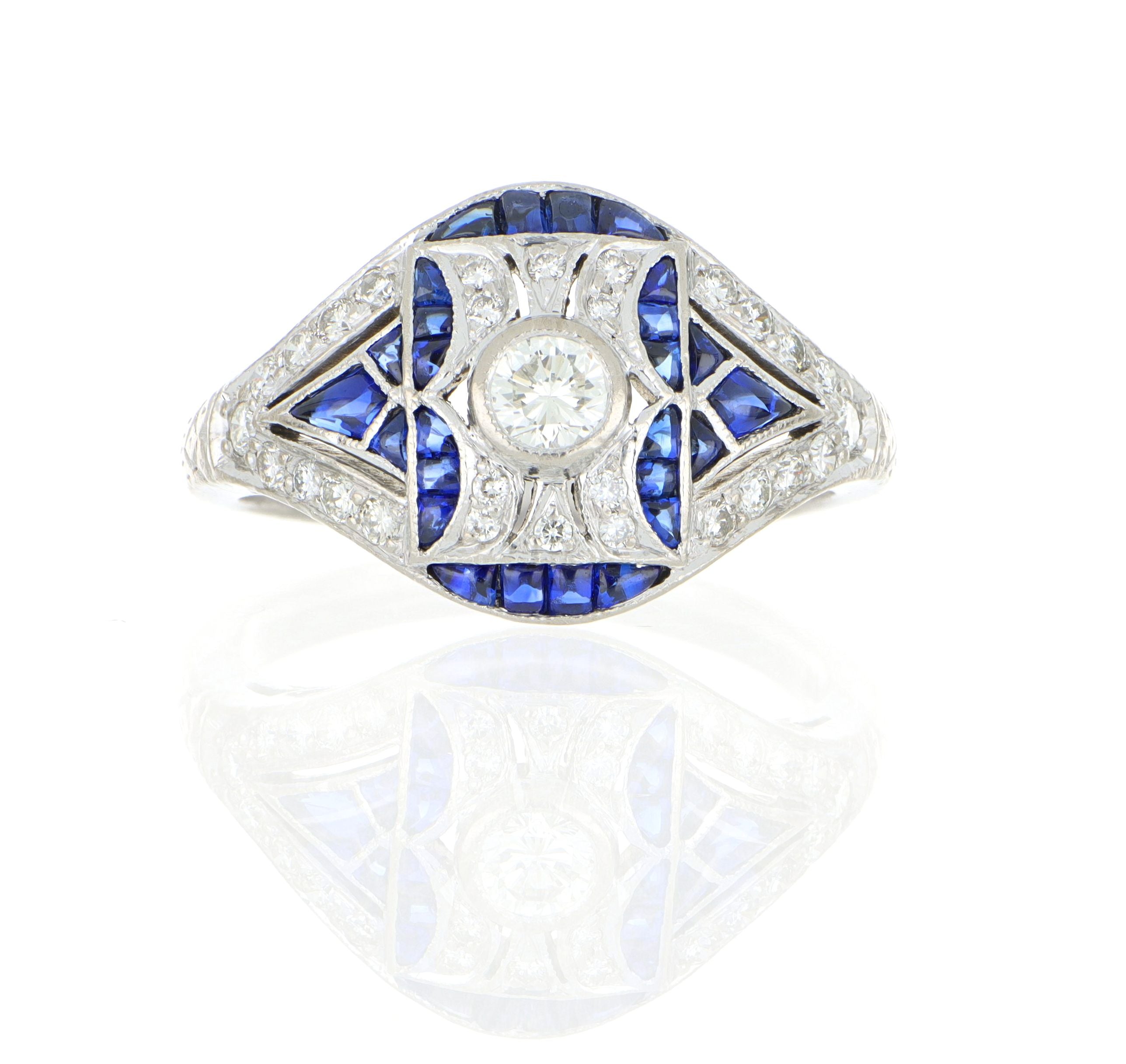 18k White Gold Vintage Sapphire and Diamond Ring