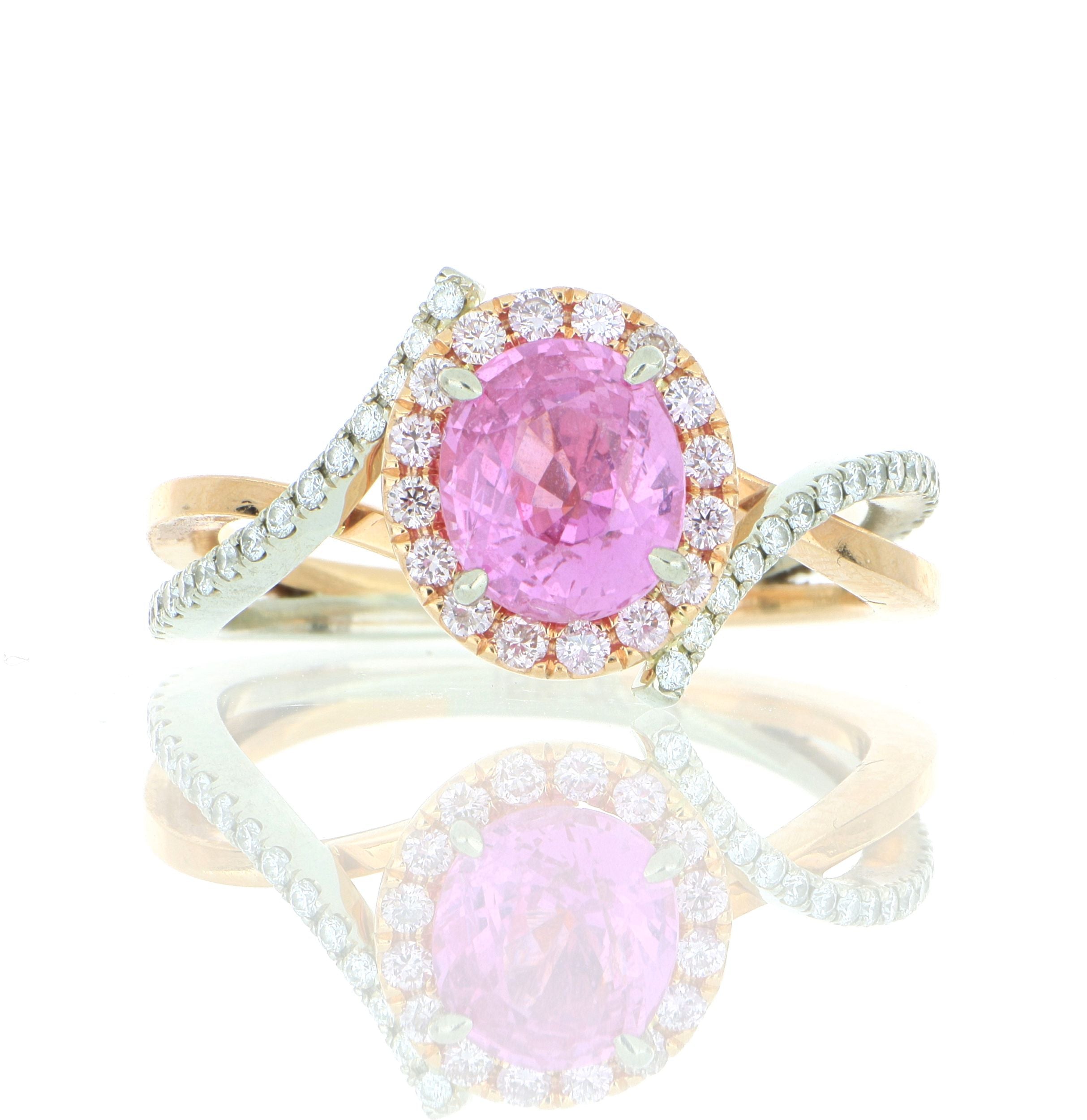 18k White and Rose Gold Pink Sapphire and Diamond Halo Ring - Charles Koll Jewelers