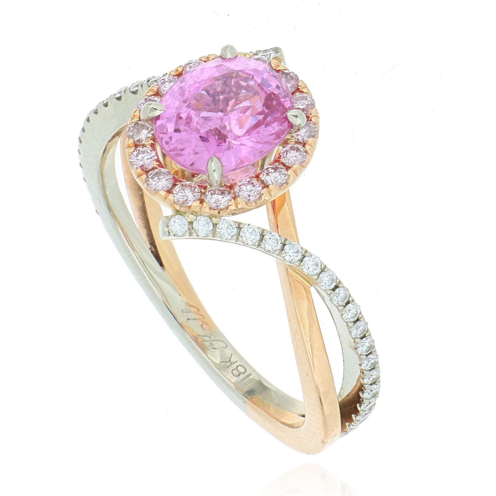 18k White and Rose Gold Pink Sapphire and Diamond Halo Ring - Charles Koll Jewelers