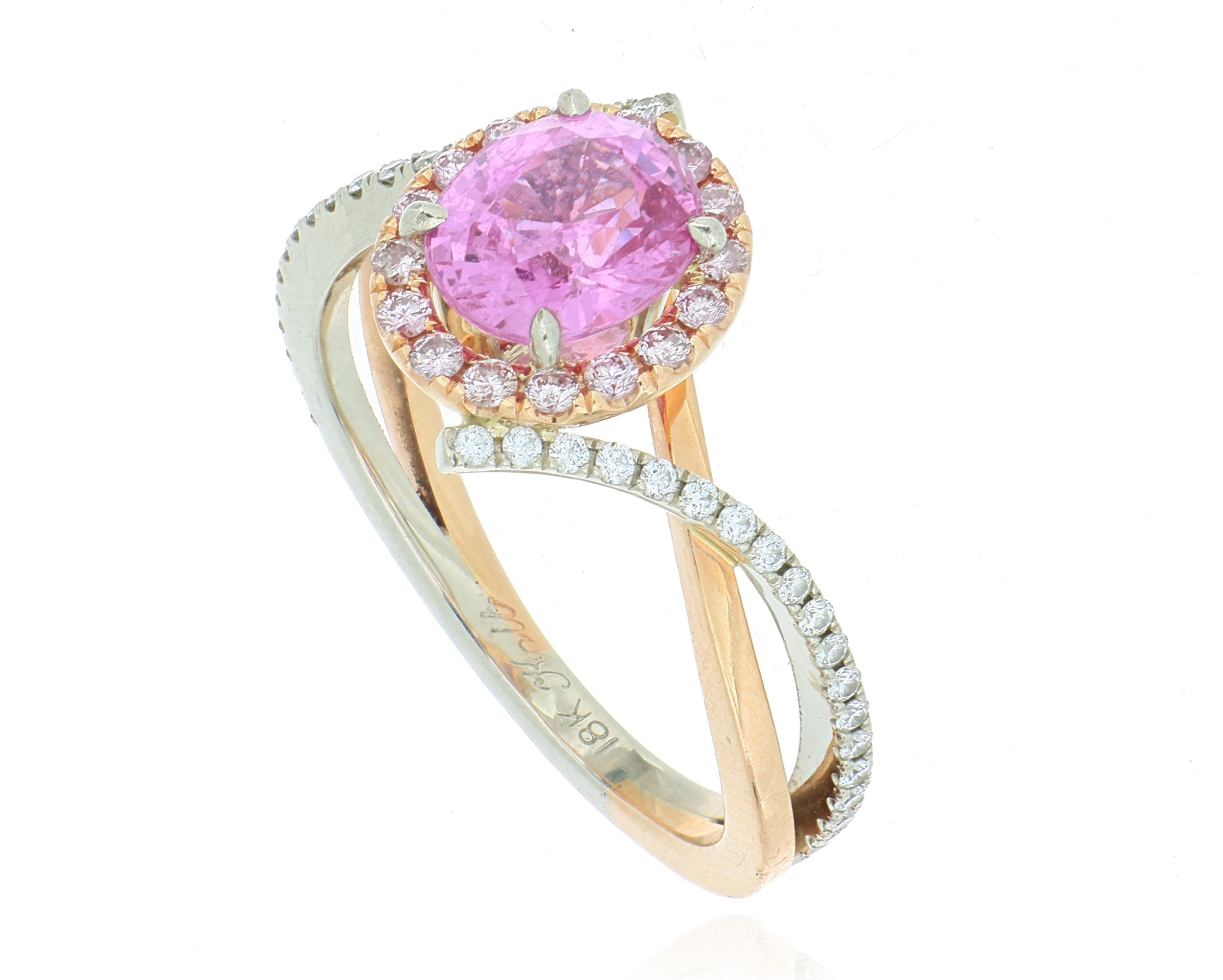 18k White and Rose Gold Pink Sapphire and Diamond Halo Ring - Charles Koll Jewelers