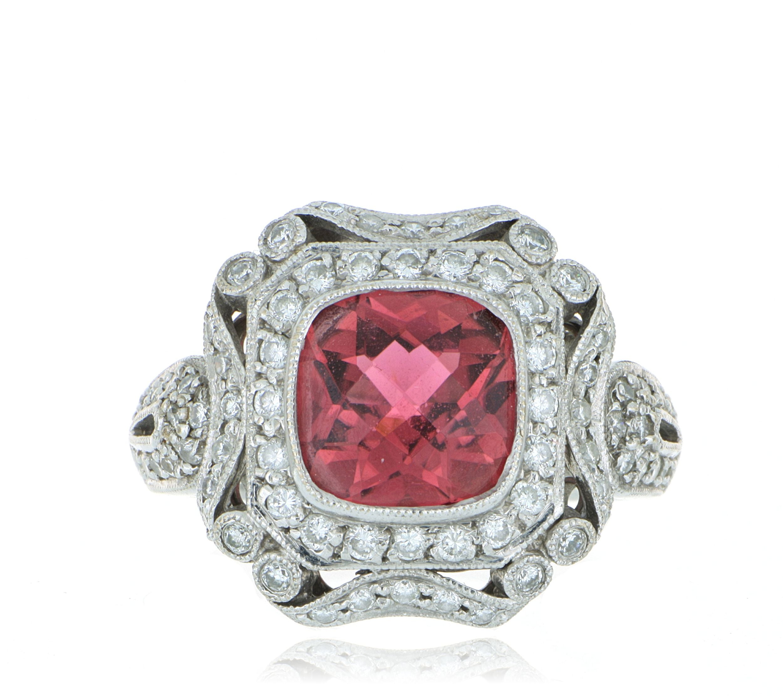 18k White Gold Vintage Style Pink Tourmaline and Dimaond Ring