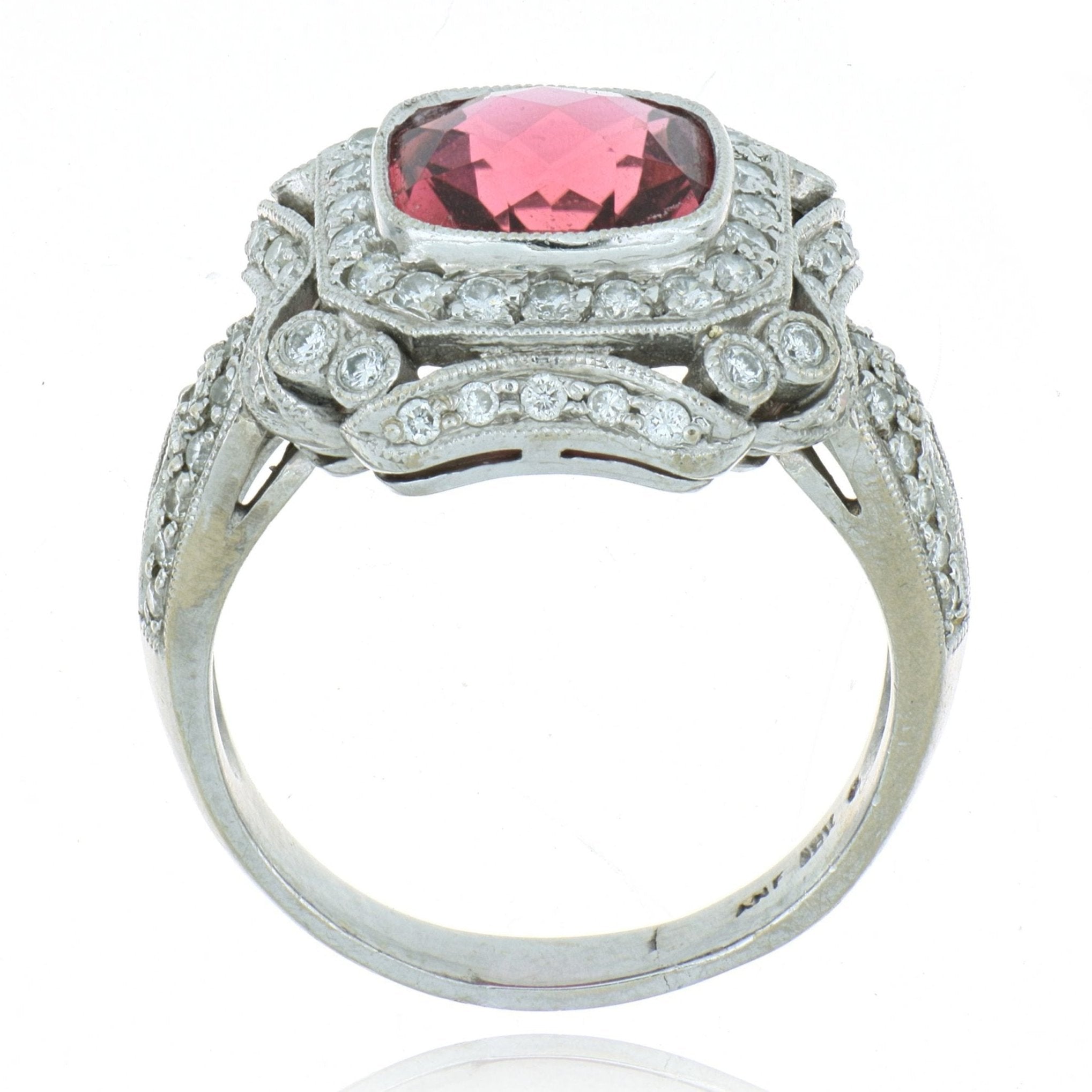 18k White Gold Vintage Style Pink Tourmaline and Diamond Ring