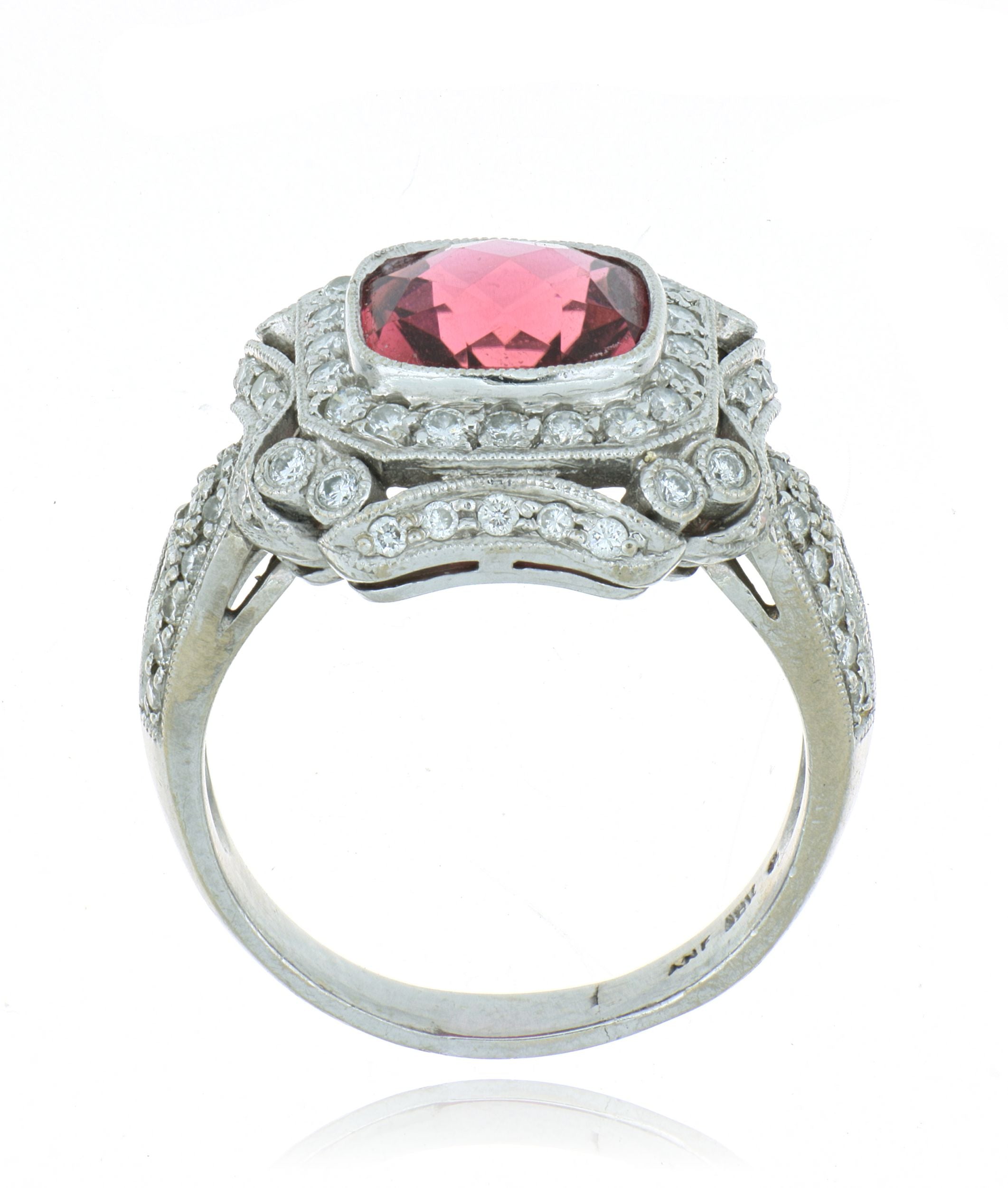 18k White Gold Vintage Style Pink Tourmaline and Dimaond Ring