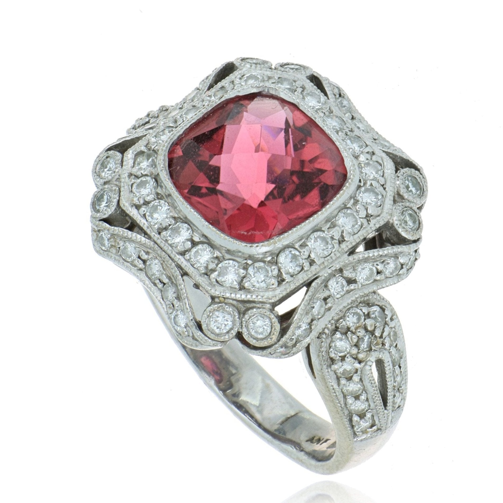 18k White Gold Vintage Style Pink Tourmaline and Diamond Ring