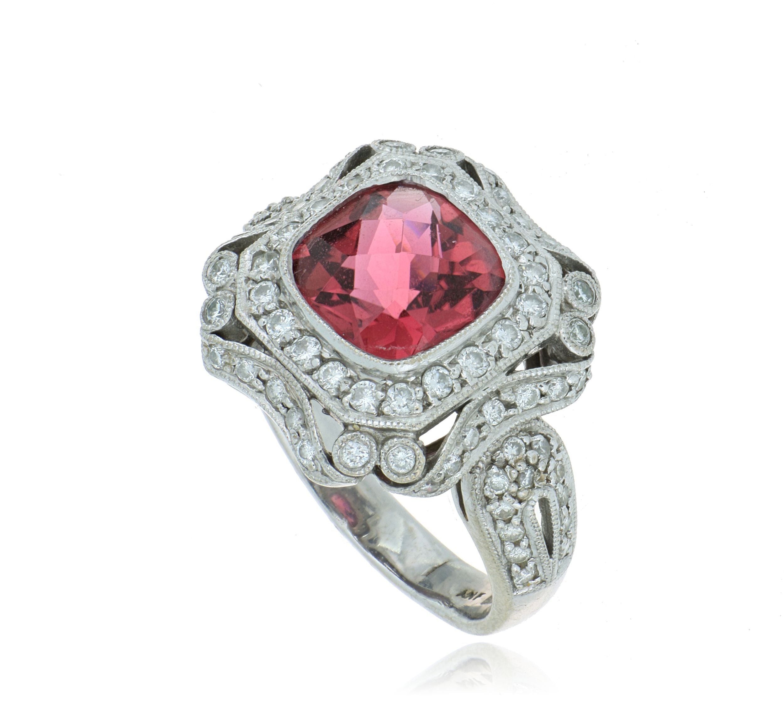 18k White Gold Vintage Style Pink Tourmaline and Dimaond Ring