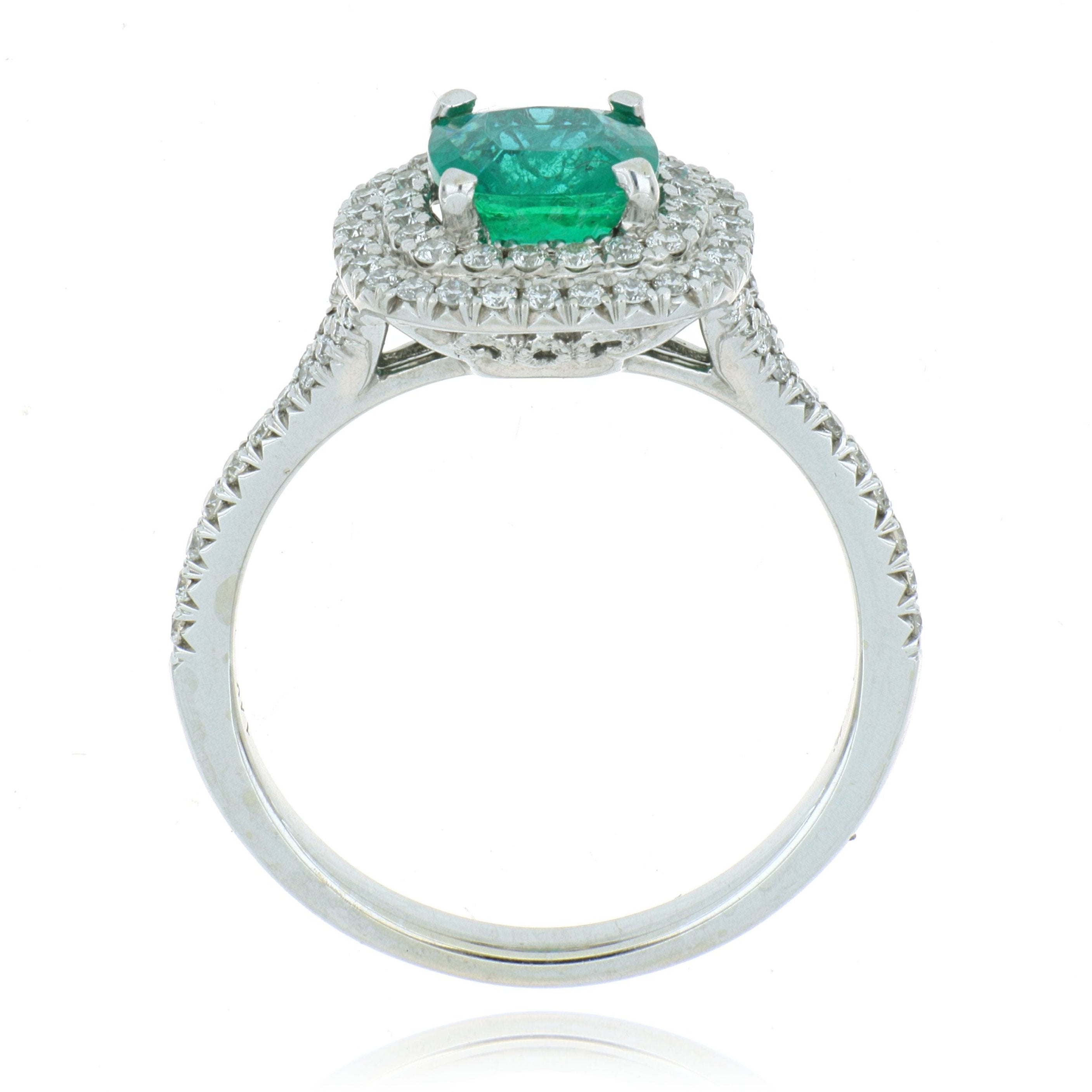 18k White Gold Emerald and Diamond Cushion Halo Ring