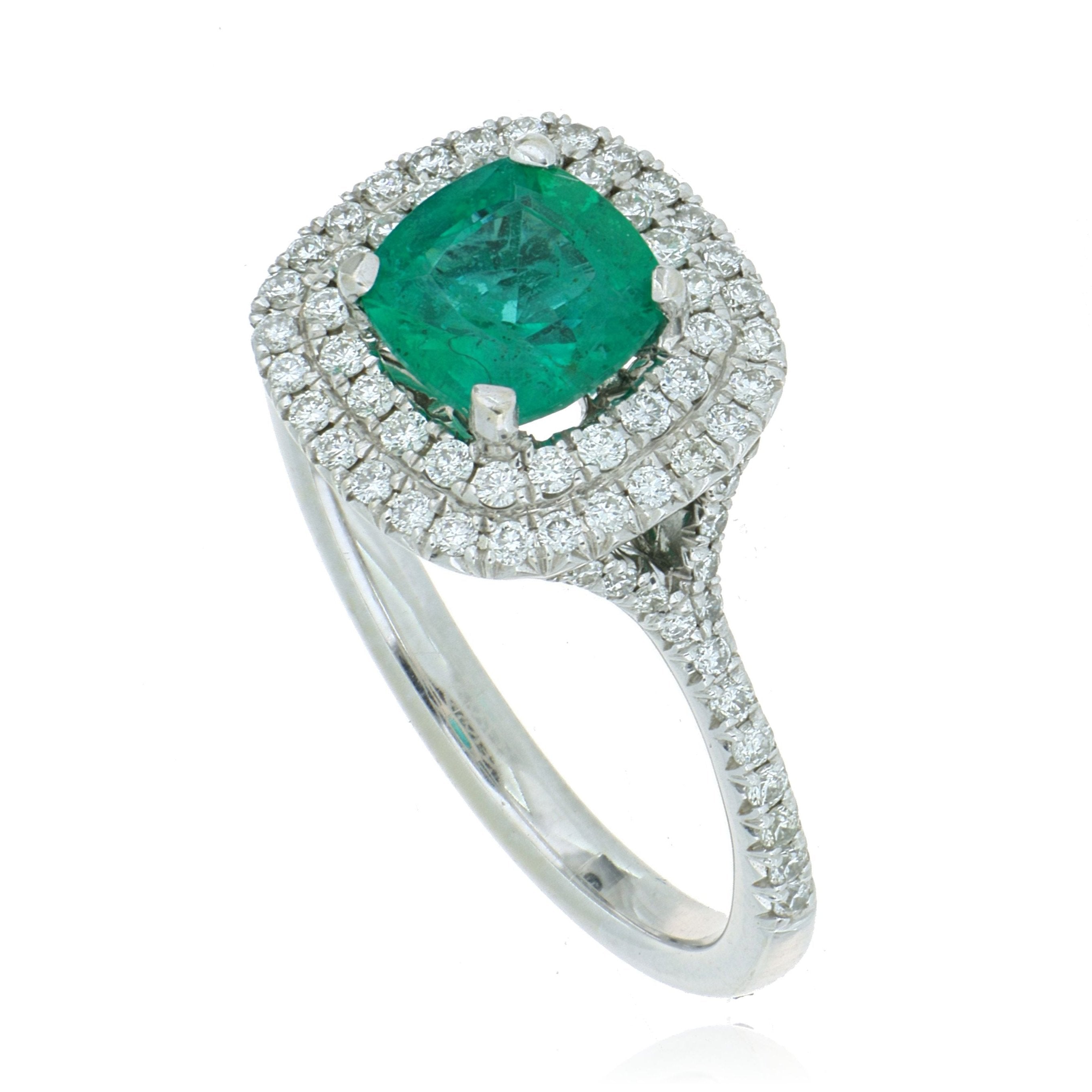 18k White Gold Emerald and Diamond Cushion Halo Ring